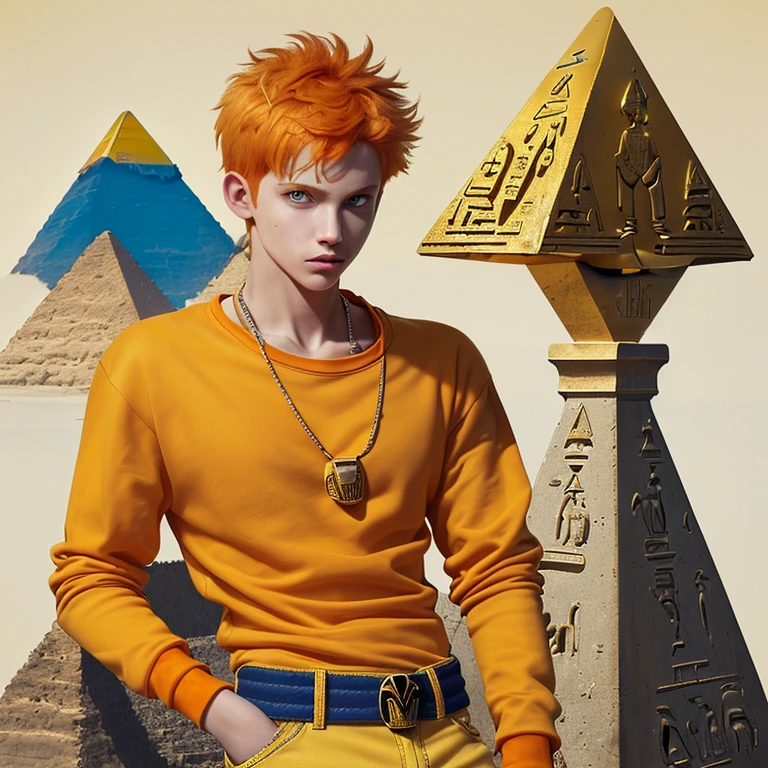 A boy with orange hair, a white open sweatshirt with yellow edges, blue jeans, a shirt with an orange skull, a slim muscular complexion, a yellow belt with an eye of Ra charm, a pyramid medal, an Egyptian scarab bracelet in his hand, holding an Egyptian stone.