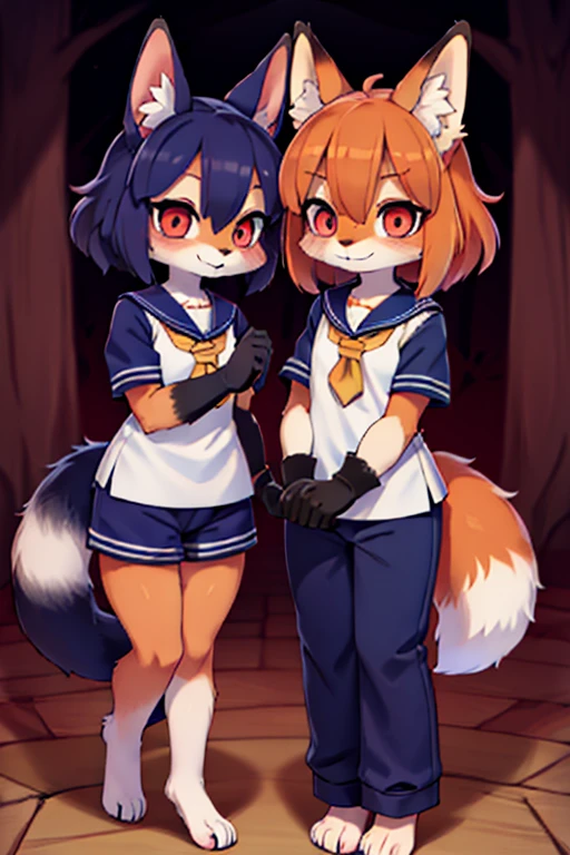 2boys, squirrel, furry, bodyfur, tail, collar, bra, bottomless, gloves, boots, chibi, sparkling eyes, penis, testicles, from side, handjob, kneeling, hand up, penis grab, multiple penises, goggles
