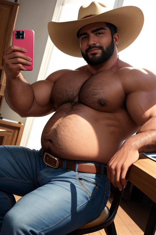 homem alto e bear com uma barba grossa e viril, with a striking appearance. Teria cabelos escuros e bem arrumados, a beautiful smile that expresses confidence and charm. Meu olhar seria intenso, penetrante, capaz de despertar desejos profundos, peito seria largo e peludo, that exude masculinity and strength, big arms, barriga levemente chubby e peluda, pele marrom bronzeada, oil skin, cowboy clothes, jeans clothes, cowboy light hat, olhos meio puxados, maos grandes, big ass, (big and large legs), belly chubby, chubby, camisa de botoes aberta no peito, ((big and large ass)), ((bust zoom view selfie)), ((retrato de cima pra baixo)), (((selfie view))), ((((close-up view))))