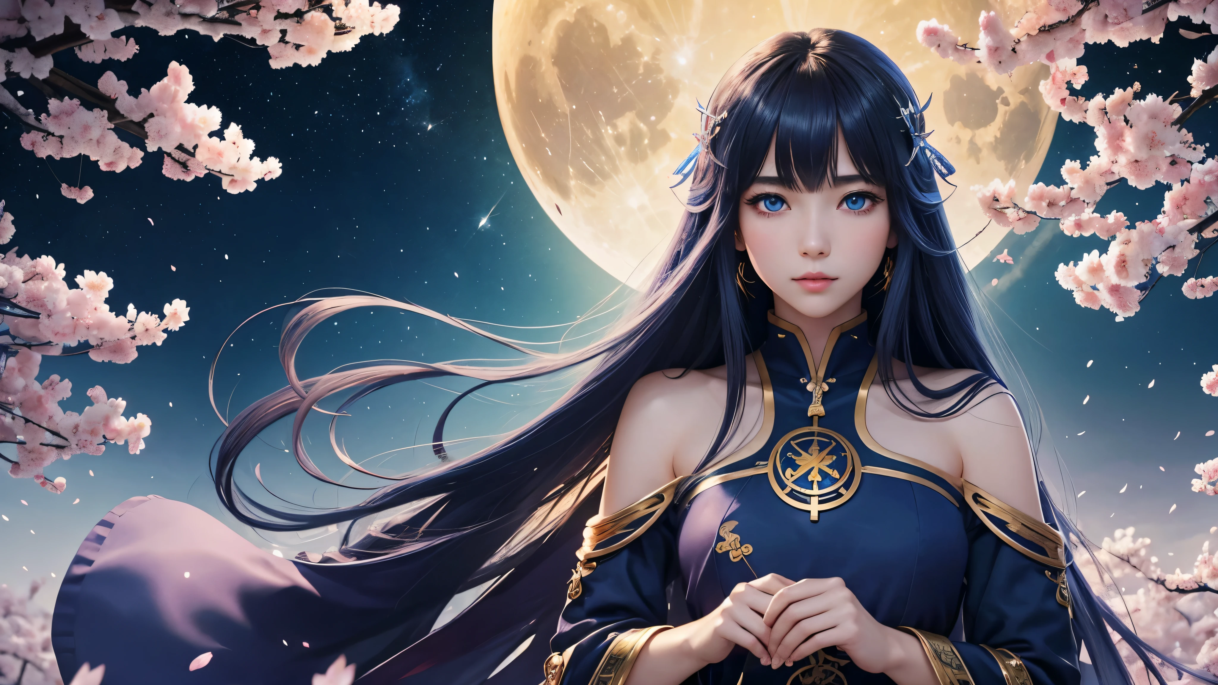 8K、Super high quality、anime、(A very beautiful female character with perfect eyes and nose)、((Beautiful clear blue eyes))、Beautiful long hair、messy bangs、Depiction of the upper body、((Wearing a golden outfit))、(I'm doing rune fortune telling)、Mysterious Space、((six pointed star))、((facing forward))、(((I'm looking here)))、A beautiful full moon can be seen in the night sky、Surround her with a beautiful cherry blossom blizzard and colorful forest
