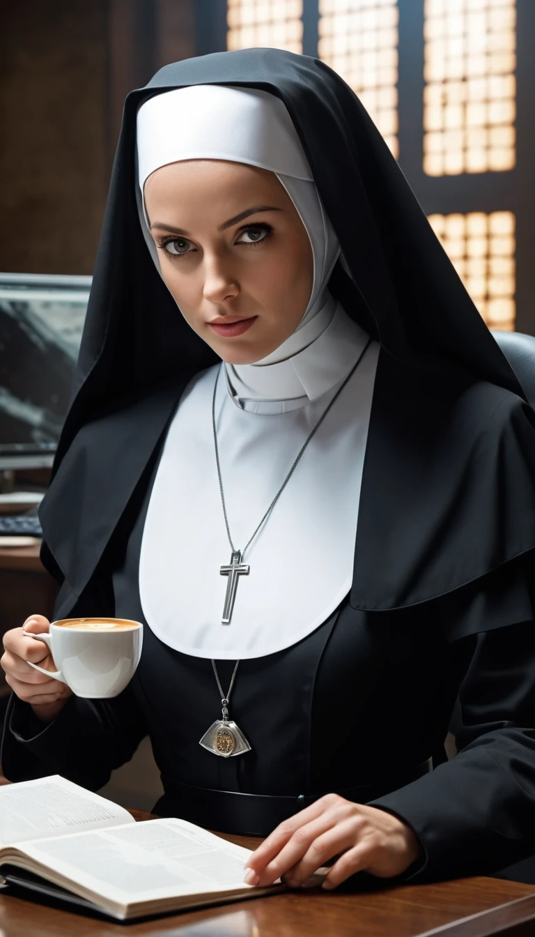 (masterpiece:1.4), (best quality:1.4), (high resolution:1.4), (masterpiece, best quality, high resolution:1.4), nun, she is also a cop, sci-fi world, God's dedective, working on the case, Data files, desk, coffee, open files