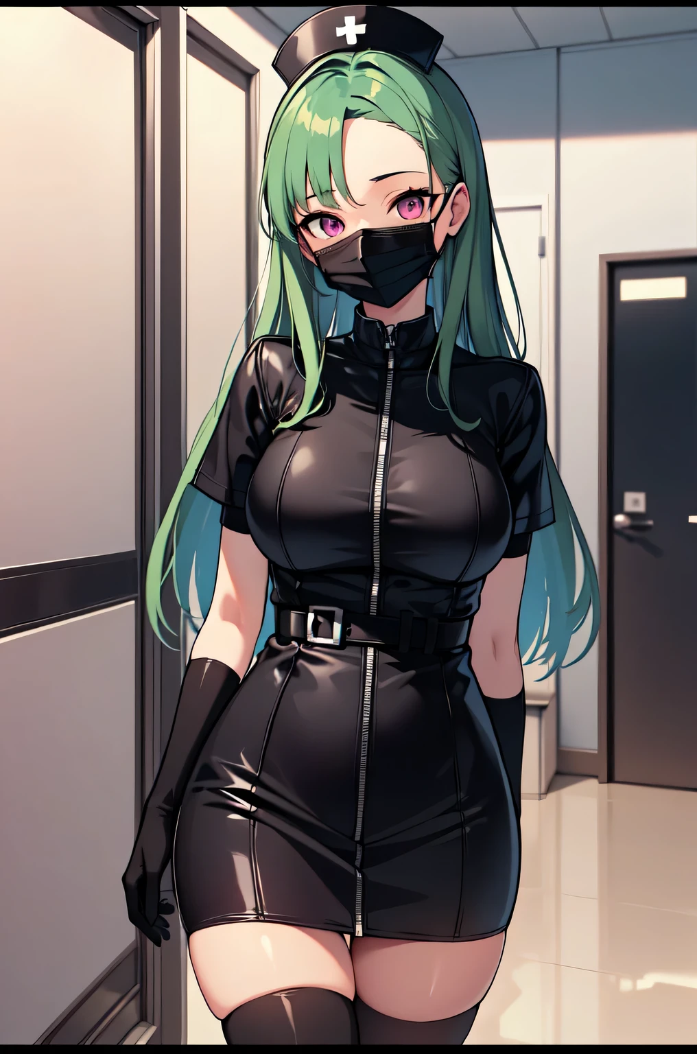 black nurse, 1woman, solo, black nurse cap, black nurse uniform, ((black legwear, zettai ryouiki)), black elbow gloves, forehead, long hair, green hair, pink eyes, ((black surgical mask, covered nose)), standing, ((surgery room)), sharp outline, short sleeves, mature female, 35 years old, best quality, masterpiece