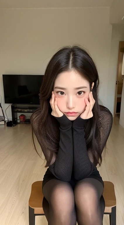 (8K, highest quality, masterpiece:1.2), (realistic, Photoreal:1.37), super detailed, one girl, cute, solo, A face that looks like it's about to cry, (closed mouth),(naked 1.5),(not wearing anything) ,(The lower half of her body is only covered in black pantyhose.),small breasts, beautiful and fine eyes, (hair length: 1.2), Floating hair NovaFrogStyle, Upper body,She is sitting on a chair in the room with her legs wide open、((Photographed from below the front))、Plump big bob hair,looking at the viewer