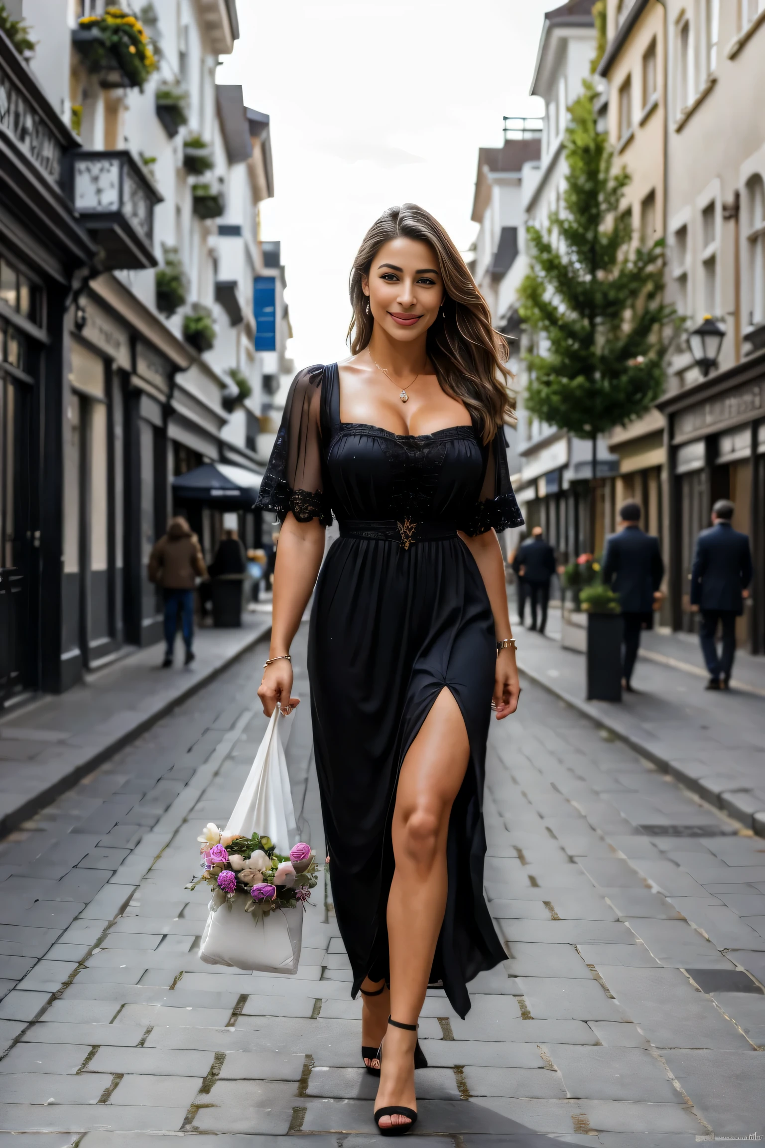 The best quality, Reife Frau allein, Abella Danger Beauty, pechos Rieses, Riese, sehr kurvig, lange Haare, fleischige Lippen, Seducer, smiling, Lanvender-Lidschatten, Schminke, athletic physique, diamantOhrringe, Halskette, Schmuck, realistische haut, On dark Victorian street, clothes like in middle age, Model walks in the street, Foto von hinten, Betonung auf po , sexy Kleid mit Blumen Muster, Model has bouquet of flowers in her left hand poses with urban elegance, betonendes Licht und Schatten. Die mittlere Blende (z.B. f/5.6) ensures clear details of the artist and her artwork.