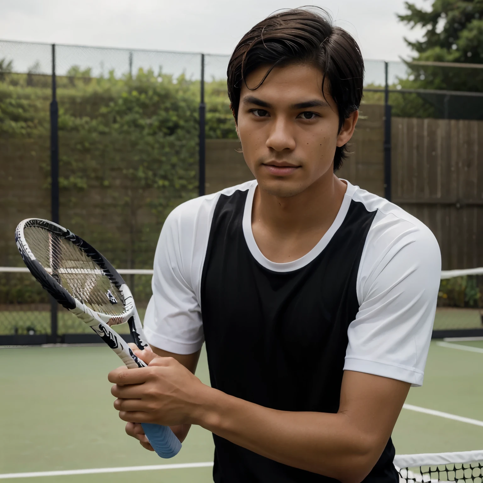 Young man with lightly tan skin. Black hair swept to the side. Dark brown eyes. Half Dutch and Japanese. Wearing a tennis attire as he holds a racket.