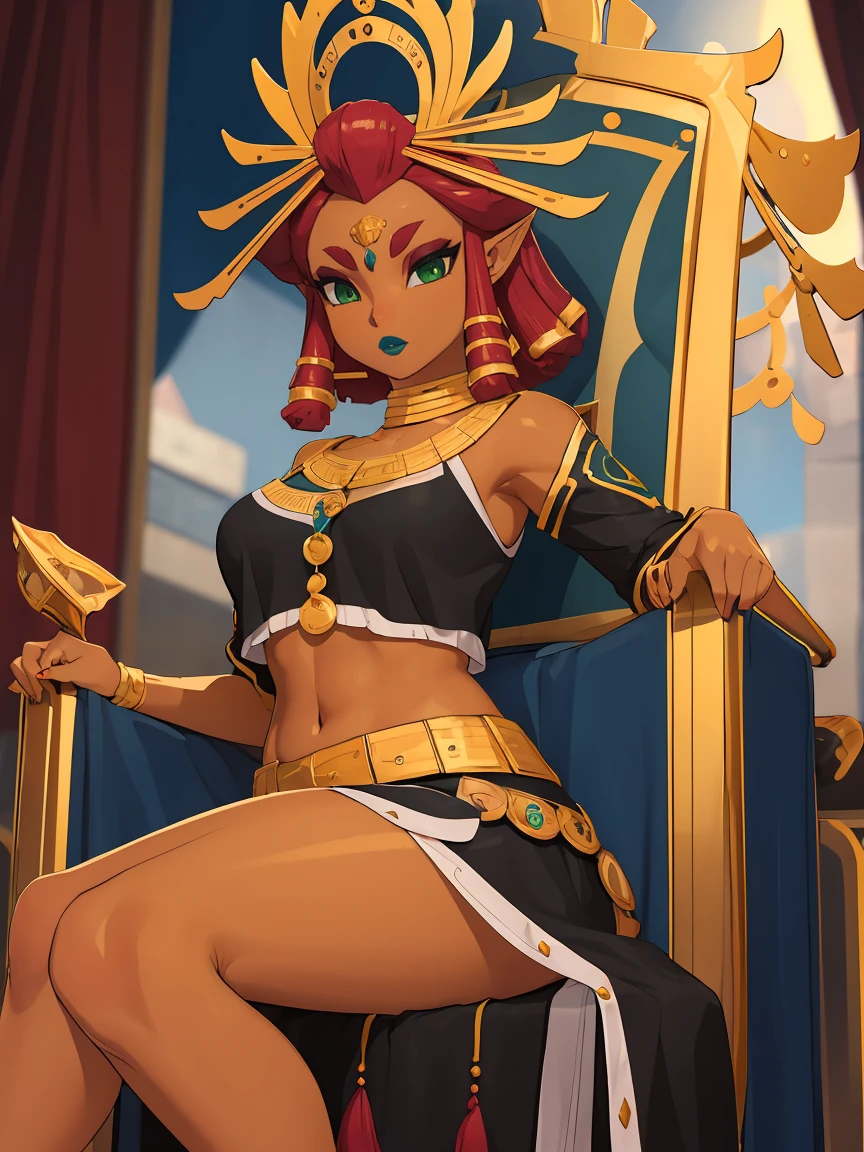 Big breasts, green eyes, dark blue lips, sitting on a throne, sexy legs, Riju