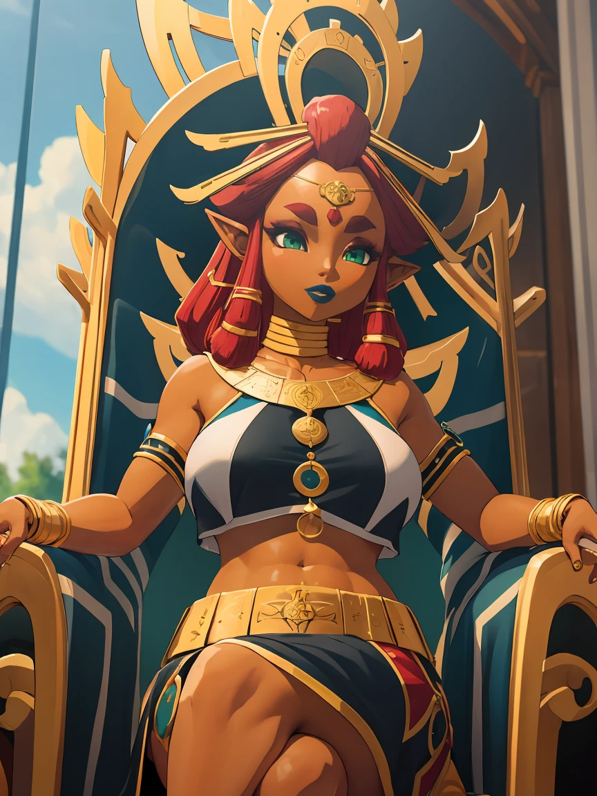 Big breasts, green eyes, dark blue lips, sitting on a throne, Riju