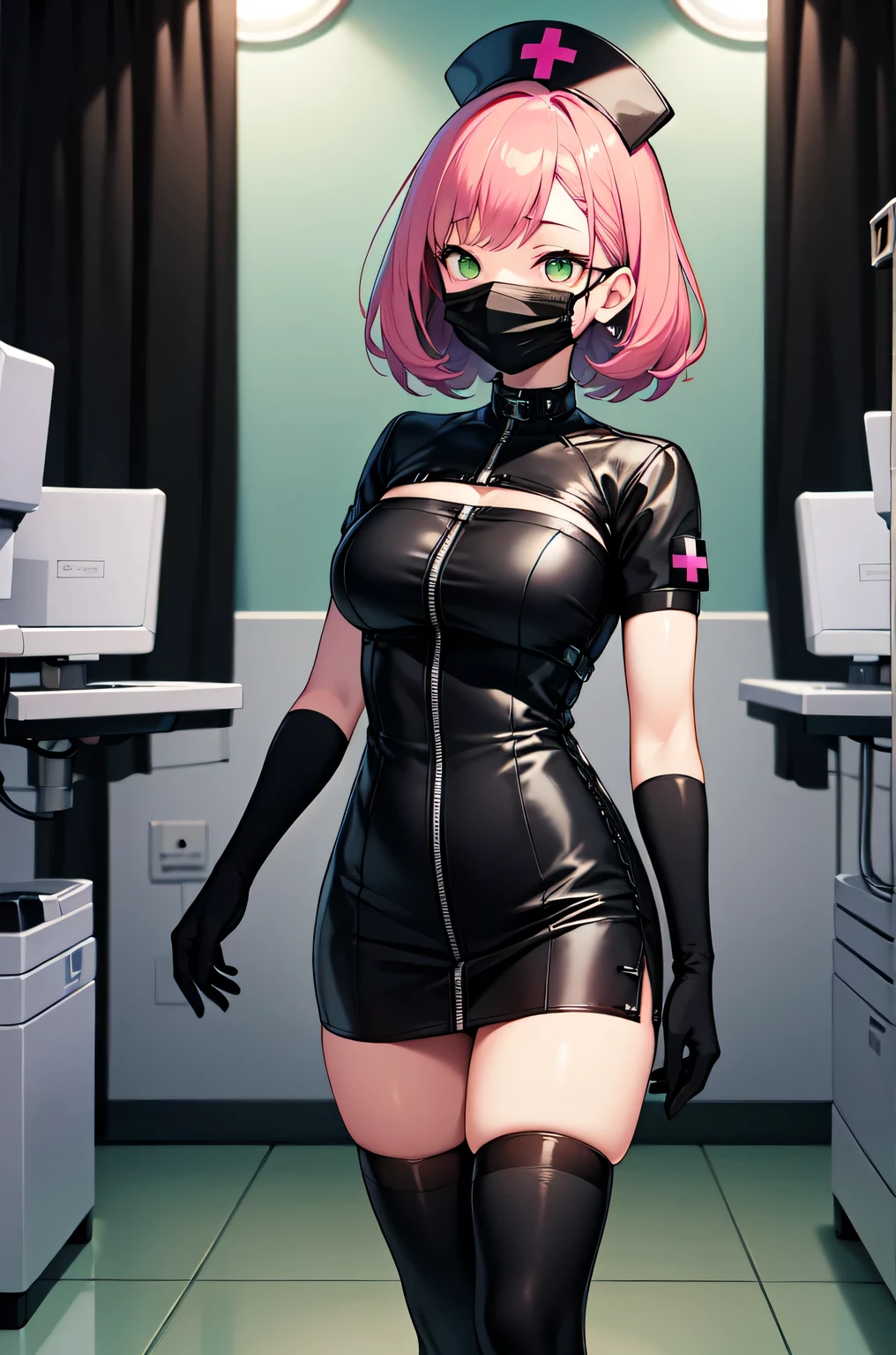 black nurse, 1woman, solo, black nurse cap, black nurse uniform, ((black legwear, zettai ryouiki)), black elbow gloves, pink hair, green eyes, drooping eyes, ((black surgical mask, covered nose)), standing, ((surgery room)), sharp outline, short sleeves, mature female, 32 years old, best quality, masterpiece