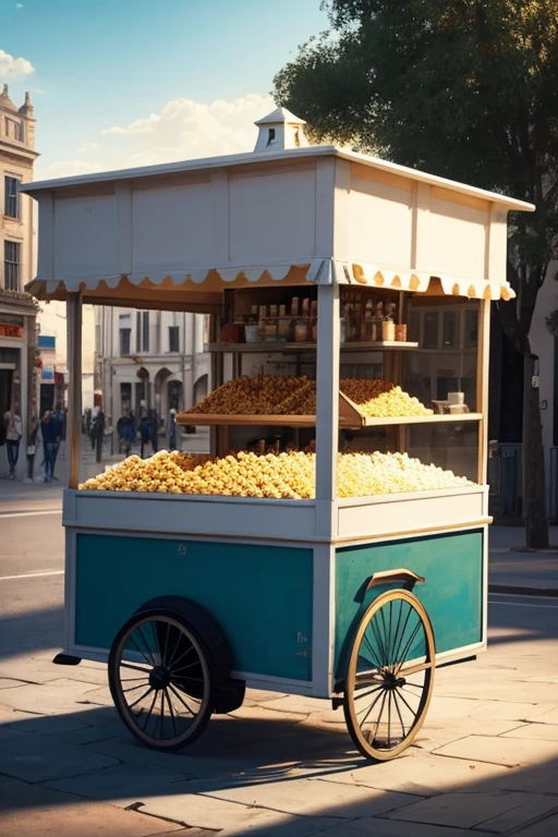 Foto pintura, a popcorn cart in a square, dia ensolarado, natural lighting