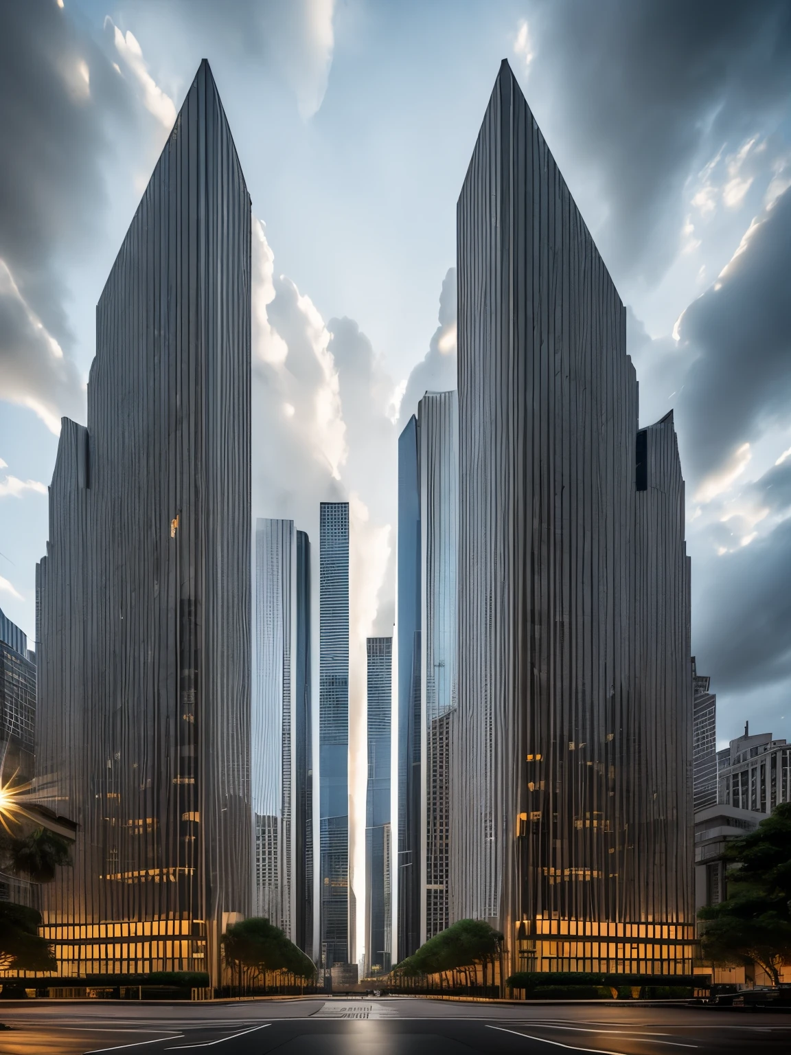 (A huge, imposing high-rise building, towering and cloudy, gray building with a tough appearance,) clear texture, exposed reinforced concrete structure clearly visible, a large number of glass curtain walls covering the façade, lights twinkling, reflecting the surrounding buildings and streetscapes, skyline, majestic.