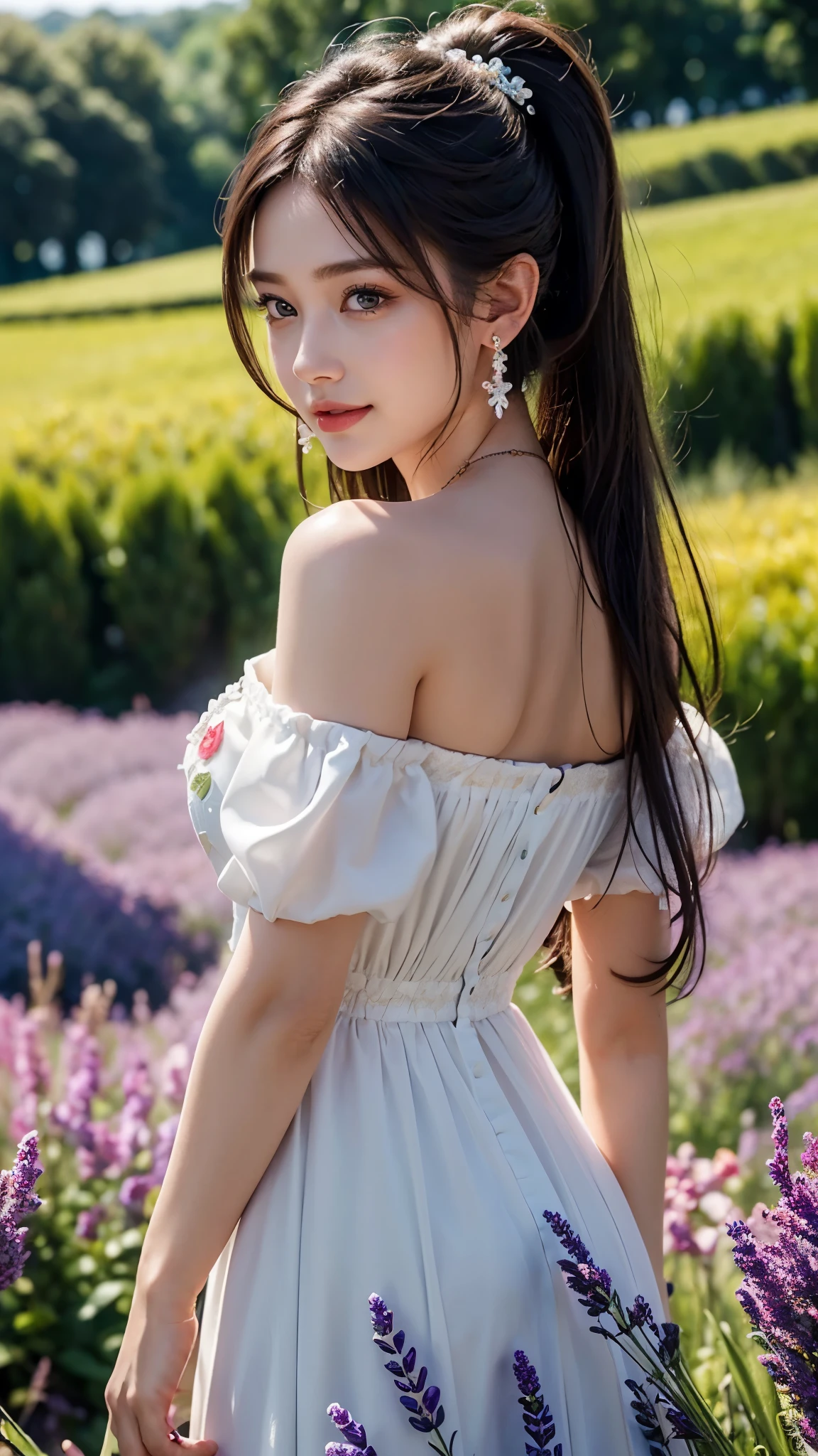 (Masterpiece:1.4), CG Unity 8k walpaper, ((Realistic: 1.2)), Ray Tracing, 64k, Beautiful 22 years girl, Asian realistic girl, Ultra Realistic, ultra HD, high detail,8K resolution,ultra high resolution, mature girl, cute girl,The ponytail, long Hair,earrings,necklace,Colorful clear eyes,smooth hair,clavicle,Exquisite and perfect with the most beautiful facial features and big eyes,Long eyelashes,Sweet eyes and lying silkworms,(Smile),field,dynamic angle,Ultimate picture quality,Standing in front of Lavender flowers field, ((Upper body shot)),((Off The Shoulder Luxury Appliques High Low Red Homecoming Dress)), 4 different Poses, ((pose: title your head to smile,put your hands naturally by your side,stand side ways))