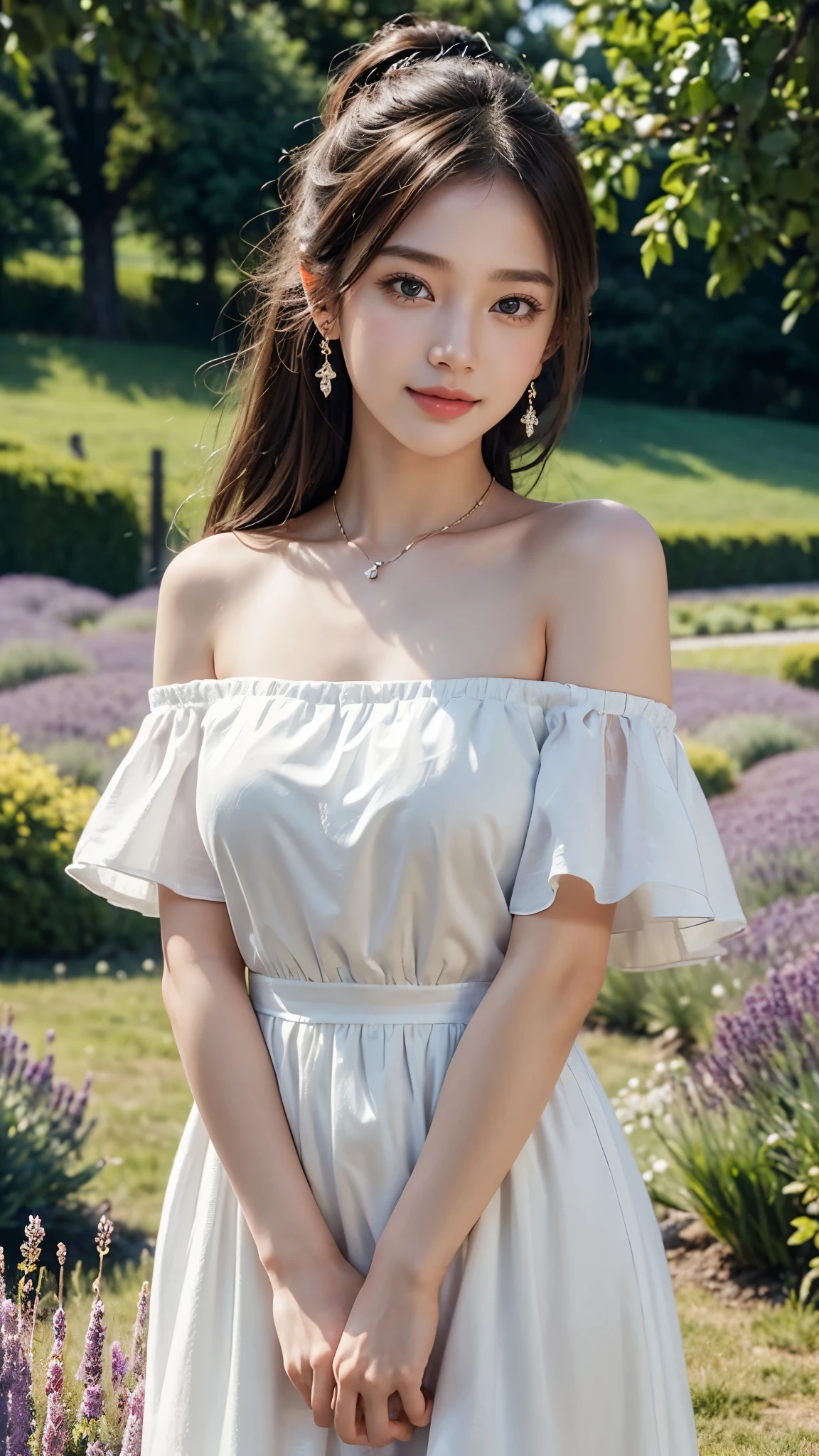 (Masterpiece:1.4), CG Unity 8k walpaper, ((Realistic: 1.2)), Ray Tracing, 64k, Beautiful 22 years girl, Asian realistic girl, Ultra Realistic, ultra HD, high detail,8K resolution,ultra high resolution, mature girl, cute girl,The ponytail, long Hair,earrings,necklace,Colorful clear eyes,smooth hair,clavicle,Exquisite and perfect with the most beautiful facial features and big eyes,Long eyelashes,Sweet eyes and lying silkworms,(Smile),field,dynamic angle,Ultimate picture quality,Standing in front of Lavender flowers field, ((Upper body shot)),((Off The Shoulder Luxury Appliques High Low Red Homecoming Dress)), 4 different Poses, ((pose: title your head to smile,put your hands naturally by your side,stand side ways))