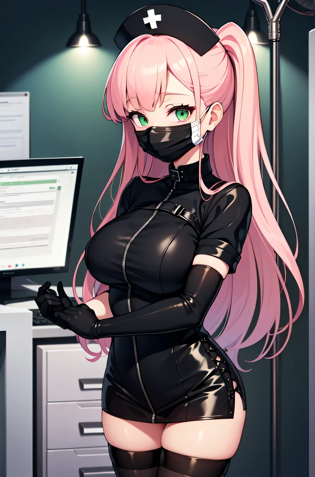 black nurse, 1woman, solo, black nurse cap, black nurse uniform, ((black legwear, zettai ryouiki)), black elbow gloves, pink hair, green eyes, drooping eyes, ((black surgical mask, covered nose)), standing, ((surgery room)), sharp outline, short sleeves, mature female, 32 years old, best quality, masterpiece