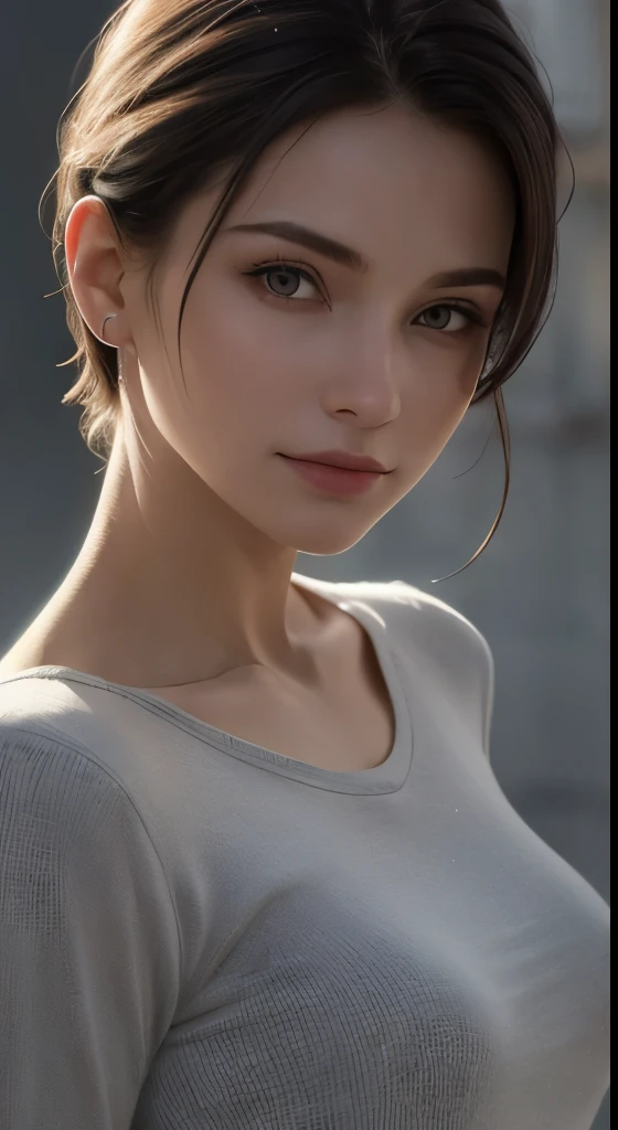 8k uhd、RAWphotograph、モデルphotograph撮影、European race, (masterpiece, highest quality, photorealistic, High resolution, photograph: 1.3), Close-up, Focusing, hot models, slim, 30 year old mature woman、small face、short cut hair、dark brown hair、Detailed beautiful eyes、realな肌, (perfect body), Sexy hot face, erotic, sexual gaze, slim, Sweat top, Detailed beautiful eyes、glossy lips、small breasts、、bust B cup、((bright light、dynamic lighting、real、超real、 realism、realistic details、Cool Beauty、cool pose、A shady character、sexy costume、I can&#39;t smile、background gray、Plain gray background