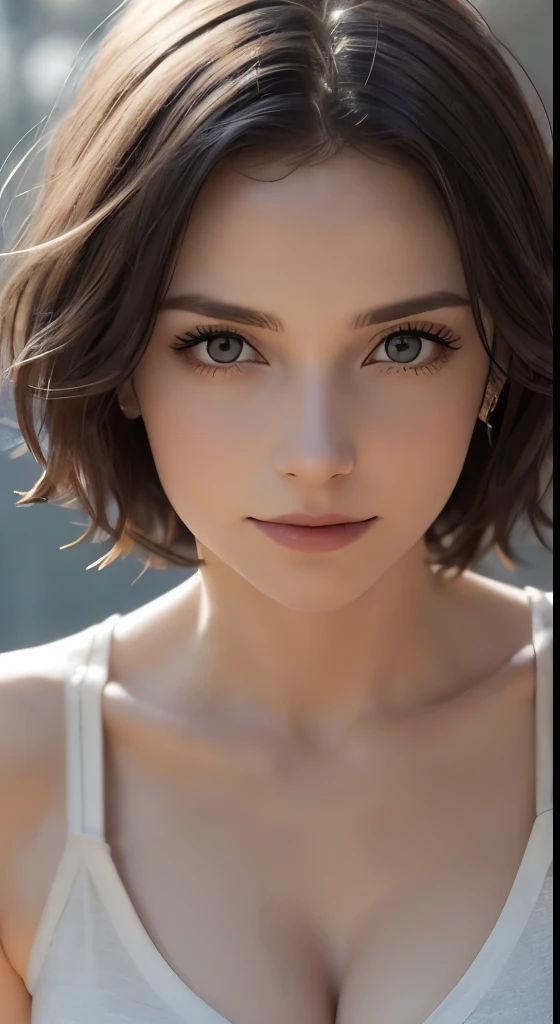 8k uhd、RAWphotograph、モデルphotograph撮影、European race, (masterpiece, highest quality, photorealistic, High resolution, photograph: 1.3), Close-up, Focusing, hot models, slim, 30 year old mature woman、small face、short cut hair、dark brown hair、Detailed beautiful eyes、realな肌, (perfect body), Sexy hot face, erotic, sexual gaze, slim, Sweat top, Detailed beautiful eyes、glossy lips、small breasts、、bust B cup、((bright light、dynamic lighting、real、超real、 realism、realistic details、Cool Beauty、cool pose、A shady character、sexy costume、I can&#39;t smile、background gray、Plain gray background