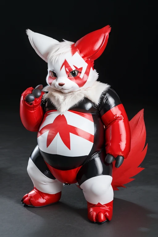 1boy, solo, realistic photo, kawaii zangoose, solo, masterpiece, high detail, best shadow, inflatable suit, zangoose, pokemon, shiny vinyl, latex pokemon suit, full body, nsfw, blush, claw pose