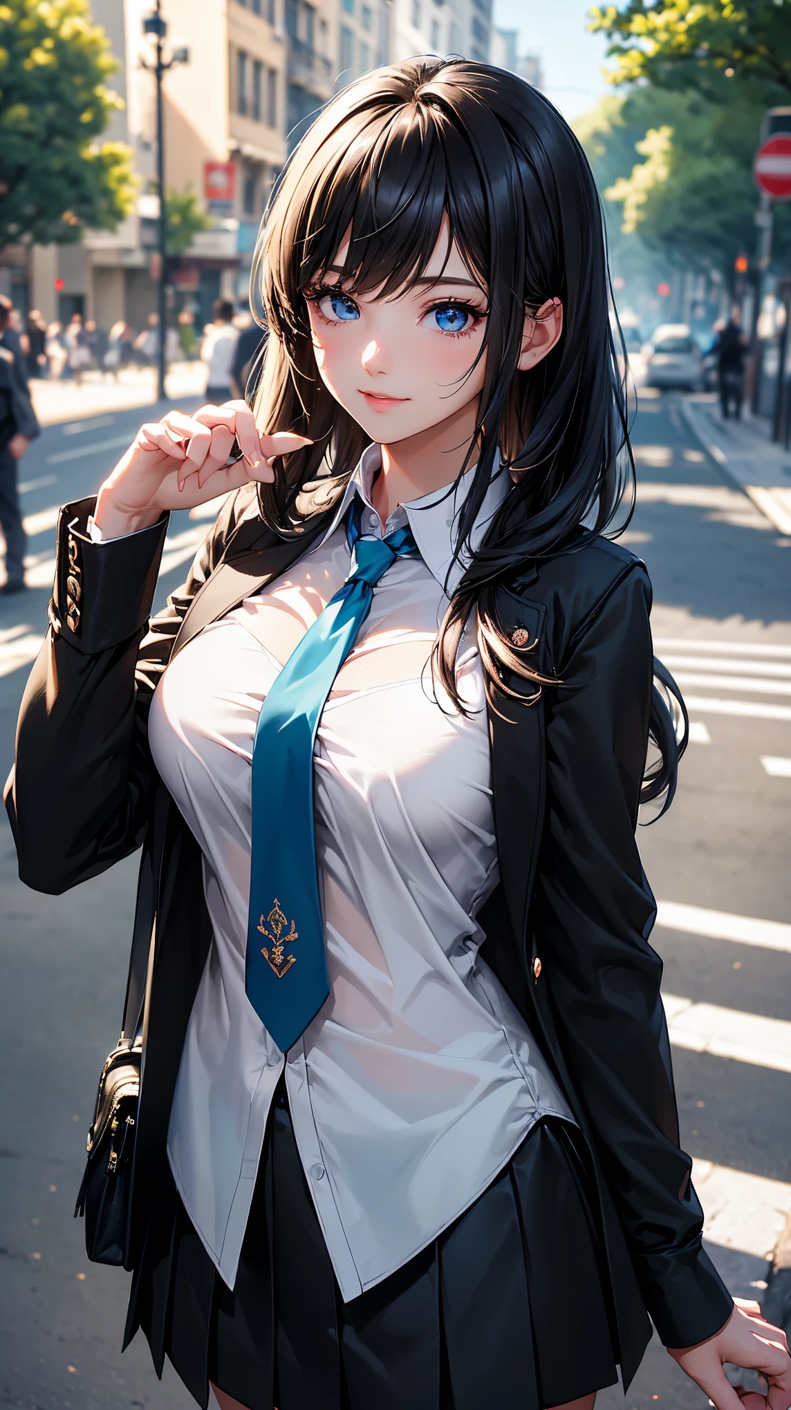 (best quality:1.3), (Complete details:1.5) , (Eye details:1.2), (Shadow details:1.2), (sharpness:4k), one young woman, College Girl, Very big breasts, Cup Bust:H, Student uniform, black short skirt, white shirt, Chest groove, bright blue eyes, sparkling eyes, brownish black hair, walking street background, wave hello, Smiling slightly, shy, long hair, cute, beautiful, Look at the audience., necktie, Black suit shirt, (hand details:1.8), (brightness:1.3), (Masterpiece:1.5)