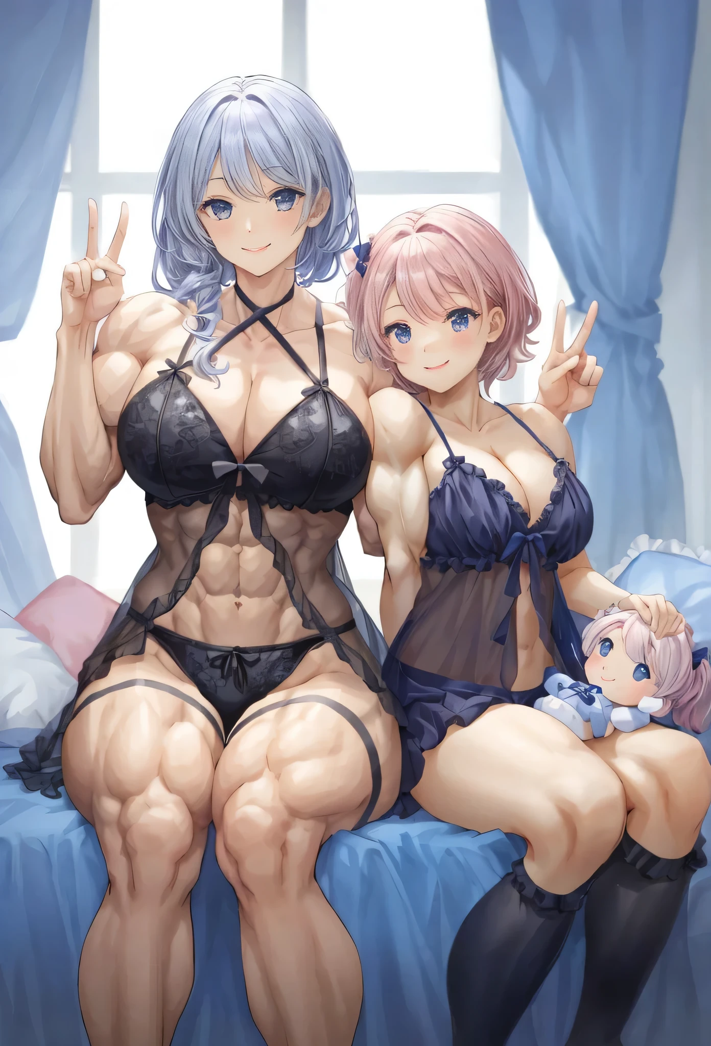 ,2girls,cute , muscular female, alternate muscle size,,muscular ,bed,biceps,babydoll,complex pattern,,muscular thighs,smile