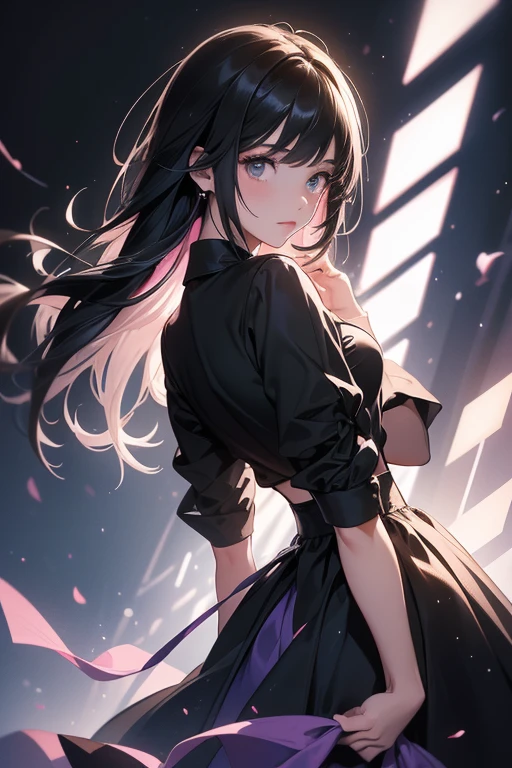 (Obra maestra:1.2), Mejor calidad, (illustration:1.2), (ultra detallado), hiper detalles, (delicado detallado), (detalles intrincados), (cinematic light, Mejor calidad Backlights), Delete line, solista, Cuerpo perfecto, (1 chica), Anime style of a young teenager, she is dressed a pink pastel sweatshirt, goth black skirt, with black hair full body, (constituir), alto contraste, (mejor iluminacion, un extremadamente creado y hermoso), (cinematic light), vistoso,