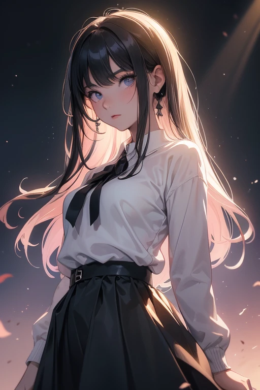 (Obra maestra:1.2), Mejor calidad, (illustration:1.2), (ultra detallado), hiper detalles, (delicado detallado), (detalles intrincados), (cinematic light, Mejor calidad Backlights), Delete line, solista, Cuerpo perfecto, (1 chica), Anime style of a young teenager, she is dressed a pink pastel sweatshirt, goth black skirt, with black hair full body, (constituir), alto contraste, (mejor iluminacion, un extremadamente creado y hermoso), (cinematic light), vistoso,