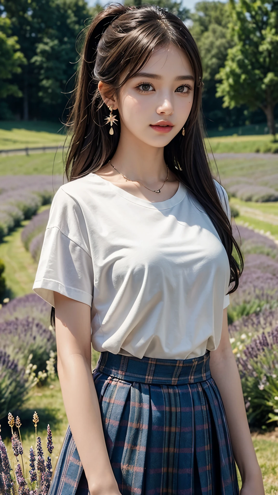 (Masterpiece:1.4), CG Unity 8k walpaper, ((Realistic: 1.2)), Ray Tracing, 64k, Beautiful 22 years girl, Asian realistic girl, Ultra Realistic, ultra HD, high detail,8K resolution,ultra high resolution, mature girl, cute girl,The ponytail, long Hair,earrings,necklace,Colorful clear eyes,smooth hair,clavicle,Exquisite and perfect with the most beautiful facial features and big eyes,Long eyelashes,Sweet eyes and lying silkworms,(Smile),field,dynamic angle,Ultimate picture quality,Standing in front of Lavender flowers field, ((Upper body shot)),Colorful plaid pleated skirt, ((rainbow Colorful T-shirt)),
