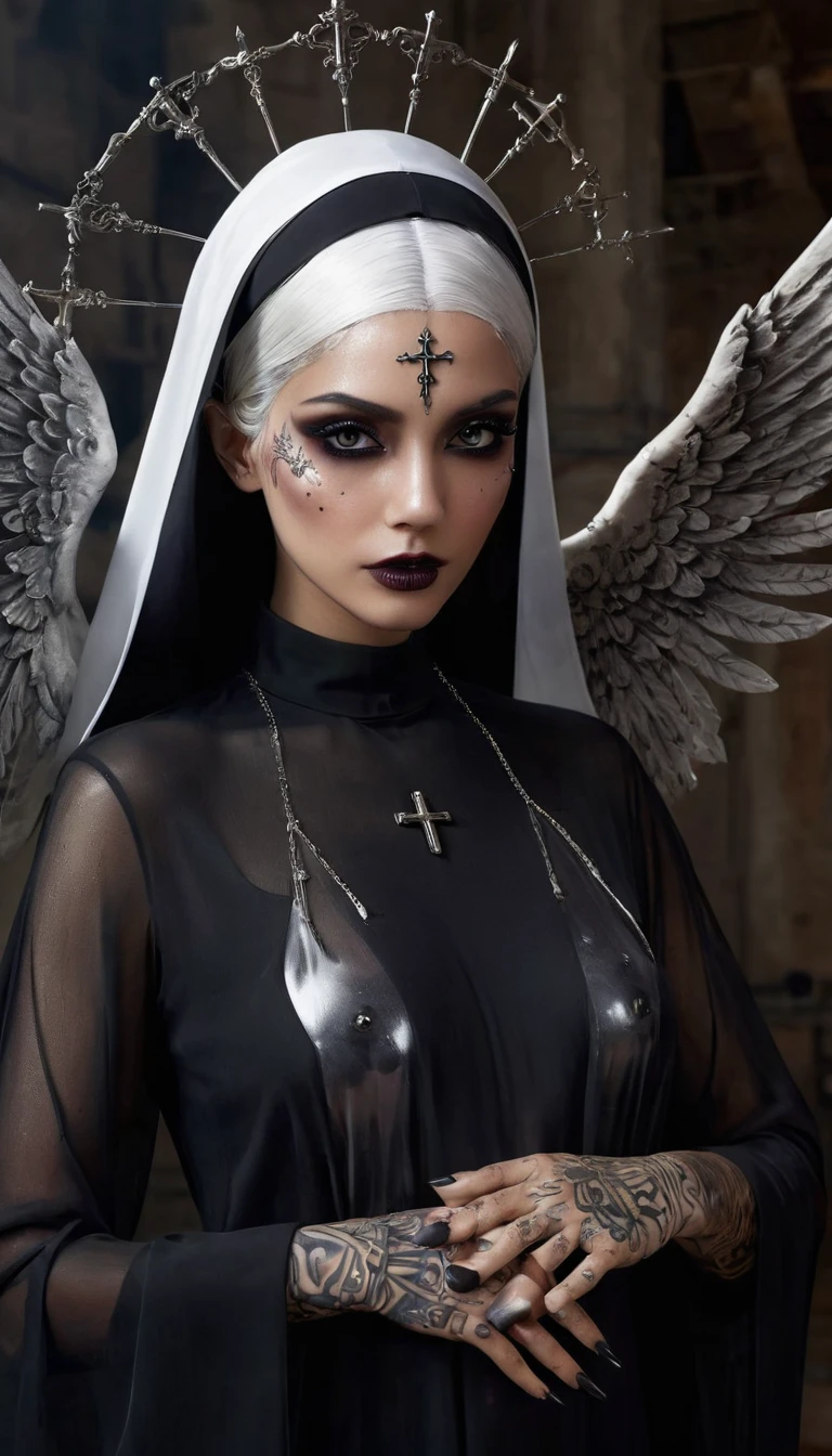Digital art, Barbara Squadrani-inspired nun, black makeup enhancing the mysterious aura, transparent chiffon cassock flowing with every subtle movement, adorned with gothic tattoos featuring crosses and wings, fingers embellished with cross-shaped nails, Patrick Demarchelier's photographic style, shot in the confines of a professional studio, ultra HD, realistic rendition of divine elegance, distinguished by sharp focus, intricate details as seen in octane rendering,layered with detailed acrylic grunge textures, complexity in every stroke, rendered in Unreal Engine for a photorealistic effect. High Resolution, High Quality, Masterpiece