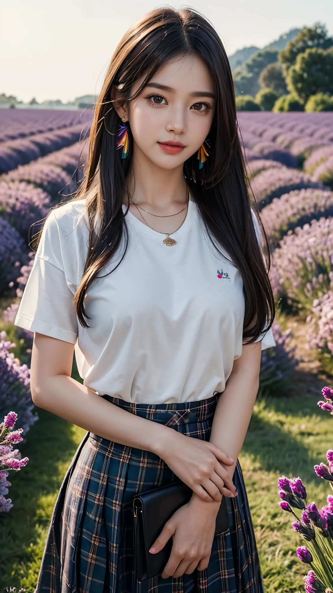 (Masterpiece:1.4), CG Unity 8k walpaper, ((Realistic: 1.2)), Ray Tracing, 64k, Beautiful 22 years girl, Asian realistic girl, Ultra Realistic, ultra HD, high detail,8K resolution,ultra high resolution, mature girl, cute girl,The ponytail, long Hair,earrings,necklace,Colorful clear eyes,smooth hair,clavicle,Exquisite and perfect with the most beautiful facial features and big eyes,Long eyelashes,Sweet eyes and lying silkworms,(Smile),field,dynamic angle,Ultimate picture quality,Standing in front of Lavender flowers field, ((Upper body shot)),Colorful plaid pleated skirt, ((rainbow Colorful T-shirt)),