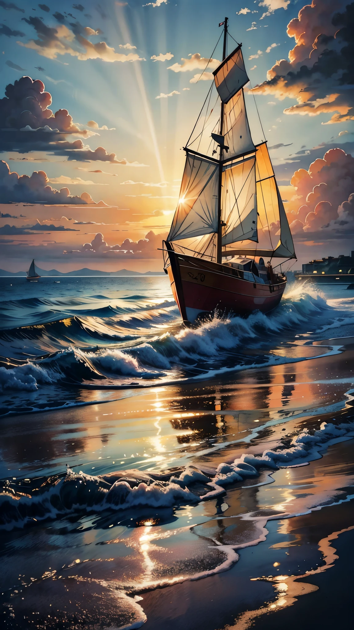watercolor painting sunset, high tide, golden sand, calm sea, colored clouds, rays of light break through the clouds, in the reflection of light on the water, a sailing boat is a fish, the sea shimmers with bright colors . vibrant, beautiful, painterly, detailed, textural, artistic