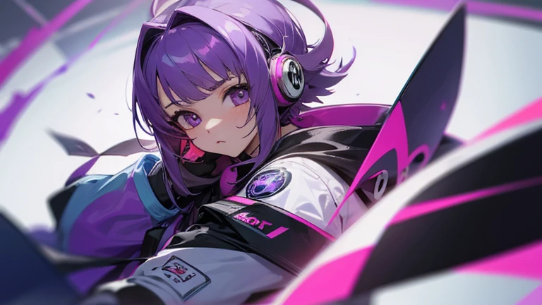 A girl with purple hair is playing pachinko　wearing headphones