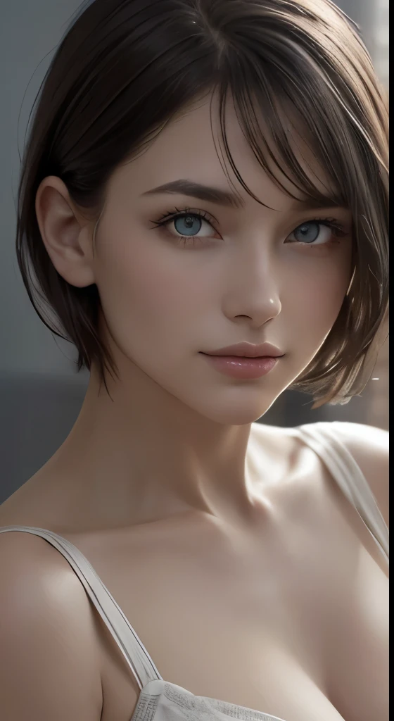 8k uhd、RAWphotograph、モデルphotograph撮影、European race, (masterpiece, highest quality, photorealistic, High resolution, photograph: 1.3), Close-up, Focusing, hot models, slim, 30 year old mature woman、small face、short cut hair、dark brown hair、Detailed beautiful eyes、realな肌, (perfect body), Sexy hot face, erotic, sexual gaze, slim, Sweat top, Detailed beautiful eyes、glossy lips、small breasts、、bust B cup、((bright light、dynamic lighting、real、超real、 realism、realistic details、Cool Beauty、cool pose、A shady character、sexy costume、I can&#39;t smile、background gray、Plain gray background