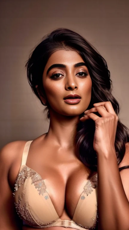  close up photo of pooja hegde, open arms, in lingerie, bed, ((best quality)), masterpiece, 8k wallpaper, nikon, cinematic lighting, (photorealistic:1.4), 25 year old body, medium size boob, cool filter