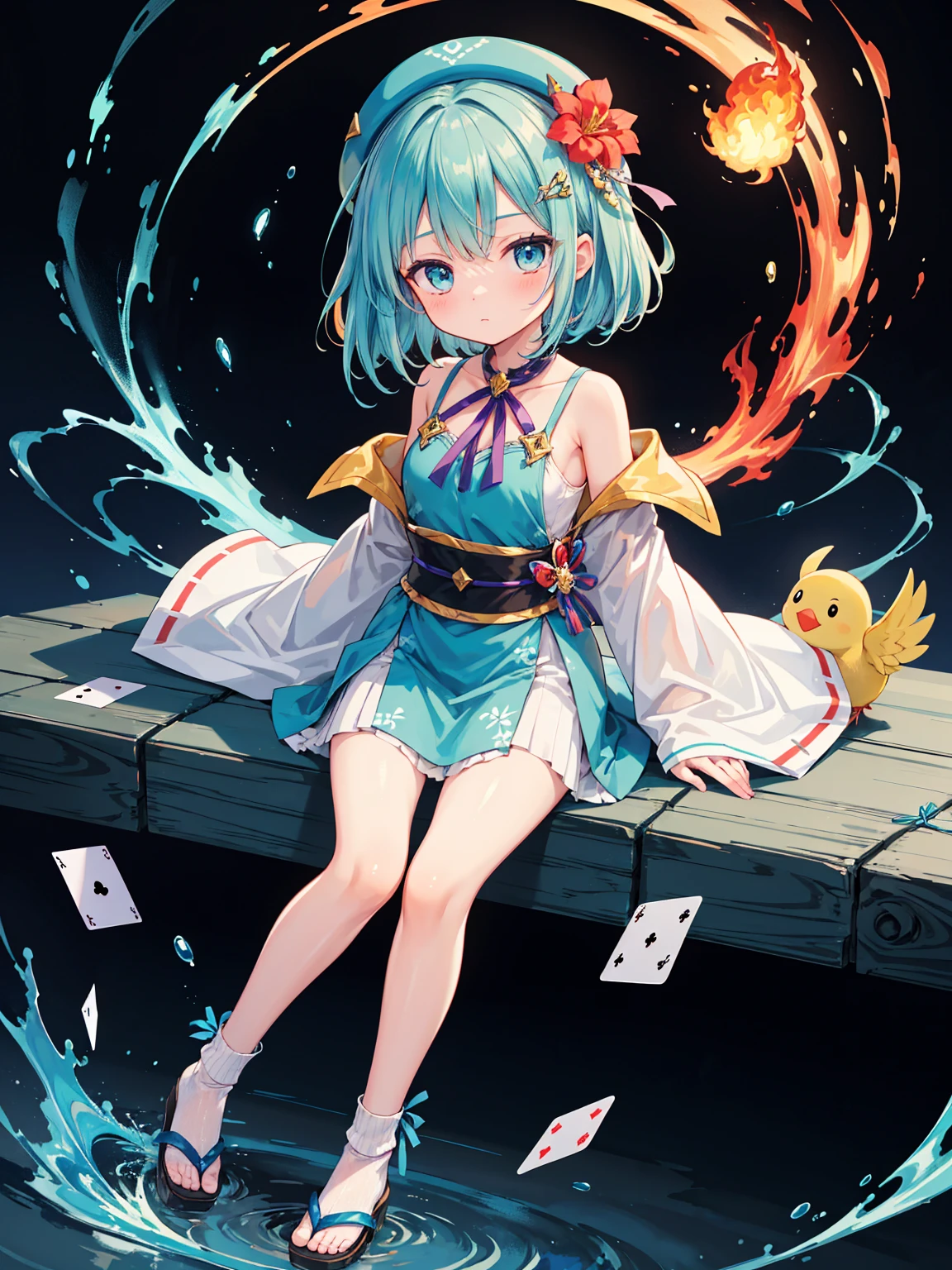 a stylized, vibrant character that appears to be from a card-based game or an anime series. The character has a youthful, whimsical appearance with big, expressive blue eyes and short, straight light blue hair with a flower hairpiece tucked into the left side. The hairpiece features a large red flower with green leaves. The character's attire is an eclectic mix of fantasy and traditional Japanese elements, with a predominance of green. They wear a green hat that matches their outfit, along with a blue and green ribbon bow tied around the neck. The clothing includes a green top with fringes at the bottom and what appears to be a long, flowing, golden sash or ribbon that cascades down from the waist. The sleeves are long and detached from the main outfit, exposing the shoulders, and have a similar fringe decoration at the ends. In the character's lap sits a plush toy, which resembles a yellow, chubby bird with big round eyes and a small orange beak. The character's legs are crossed, and they're wearing brown sandals with blue straps, which are secured over white, ankle-high tabi socks. The background is elaborate, featuring a hexagonal purple border with intricate designs, as well as flames, possibly indicating a magical or energetic essence. Surrounding the character are floating playing cards, suggesting themes of magic or fantasy. The overall feel of the image is vibrant, playful, and rich with pattern and color.