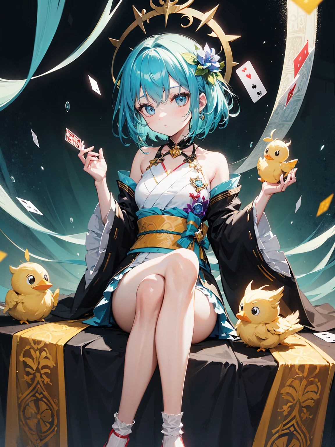 a stylized, vibrant character that appears to be from a card-based game or an anime series. The character has a youthful, whimsical appearance with big, expressive blue eyes and short, straight light blue hair with a flower hairpiece tucked into the left side. The hairpiece features a large red flower with green leaves. The character's attire is an eclectic mix of fantasy and traditional Japanese elements, with a predominance of green. They wear a green hat that matches their outfit, along with a blue and green ribbon bow tied around the neck. The clothing includes a green top with fringes at the bottom and what appears to be a long, flowing, golden sash or ribbon that cascades down from the waist. The sleeves are long and detached from the main outfit, exposing the shoulders, and have a similar fringe decoration at the ends. In the character's lap sits a plush toy, which resembles a yellow, chubby bird with big round eyes and a small orange beak. The character's legs are crossed, and they're wearing brown sandals with blue straps, which are secured over white, ankle-high tabi socks. The background is elaborate, featuring a hexagonal purple border with intricate designs, as well as flames, possibly indicating a magical or energetic essence. Surrounding the character are floating playing cards, suggesting themes of magic or fantasy. The overall feel of the image is vibrant, playful, and rich with pattern and color.