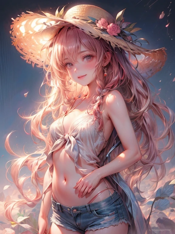 (masterpiece:1.2, best quality:1.2), 8k, CG, photorealistic:1.37, super fine illustration, light particles, ultra-detailed, 8K wallpaper, (bright colors:1.2), solo, (little cute girl), medium breasts, red medium hair, disheveled hair, curly hair, side braid, shiny hair, shiny skin, oily skin, delicate linestailed face, (beautiful pink eyes, shiny eyes), straw hat, in open shirt and denim shorts, (tie an open shirt above the navel):1.4, affectionate smile, blush cheeks, outdoor, meadow, (livestock), wooden fence, standing, morning, sunlight,behind view