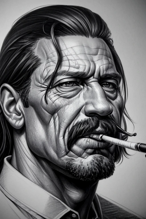 professional sketch, charcoal pencil drawing, 4k, drawing of a man smoking a cigarette with a cigarette in his mouth, portrait of Danny Trejo, realistic sketch, highly detailed portrait, realism drawing, realistic hypersketch, artistic drawing, sketch art, detailed , but rough, extremely detailed portrait, Direction: Maksymilian Gierymski, pencil drawing, Hyper Realism!!, !!highly detailed!!, art sketch