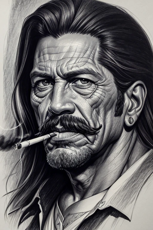 professional sketch, charcoal pencil drawing, 4k, drawing of a man smoking a cigarette with a cigarette in his mouth, portrait of Danny Trejo, realistic sketch, highly detailed portrait, realism drawing, realistic hypersketch, artistic drawing, sketch art, detailed , but rough, extremely detailed portrait, Direction: Maksymilian Gierymski, pencil drawing, Hyper Realism!!, !!highly detailed!!, art sketch