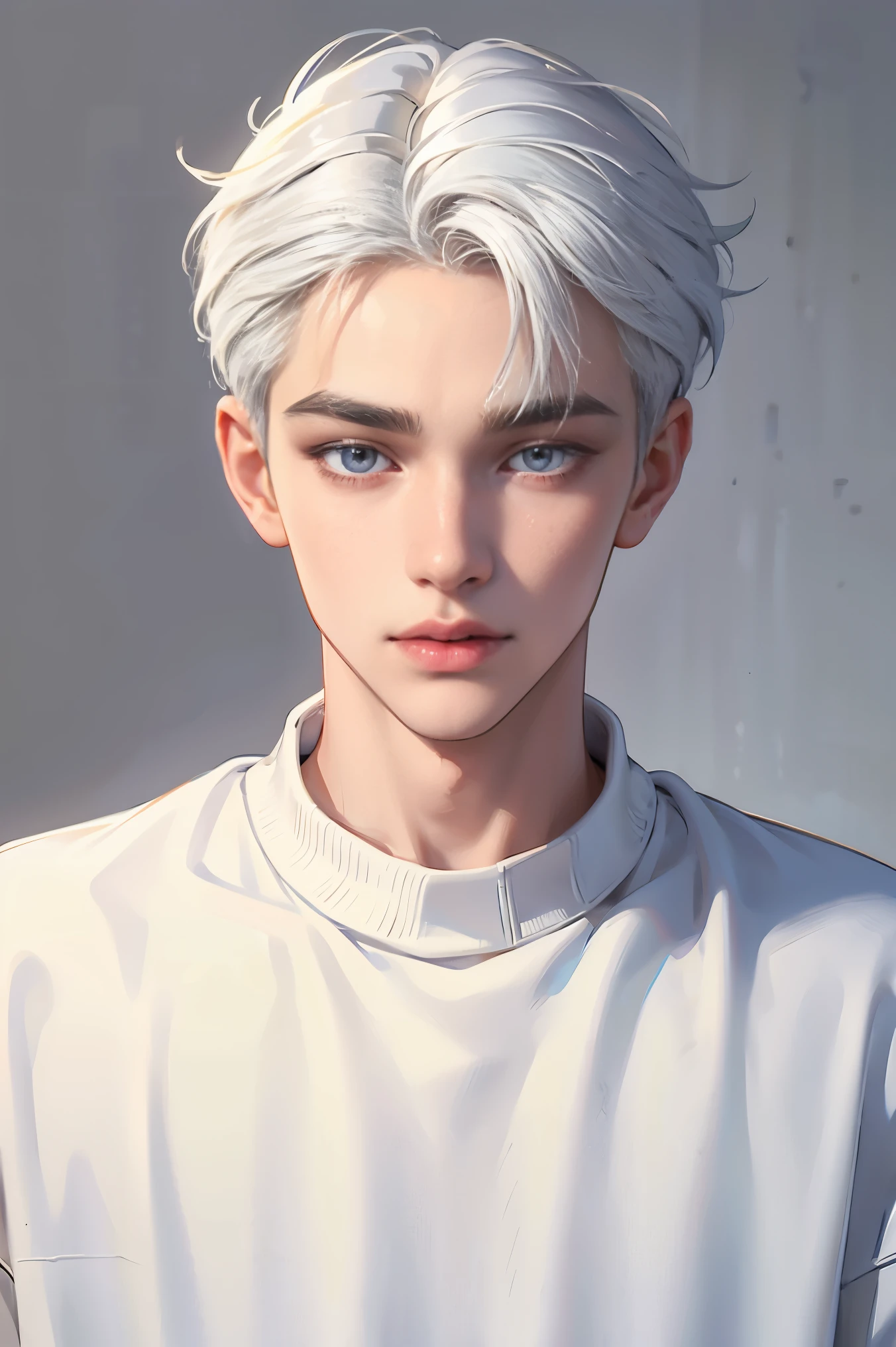 Young boy, white hair, gray eyes, sharp features, white skin, cute, sweater
