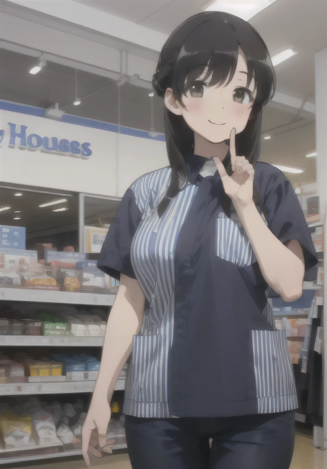 ((masterpiece)), ((best quality)), (ultra-detailed), ((extremely detailed)), 4K, (8K), best quality,1girl, ((perfect anatomy)), (((((five fingers))))), (((((beautiful detailed eyes))))), (((world-class quality))), realistic, extremely detailed, high resolution, (((detailed shaded pretty face))), ((((house wife)))), solo, (((sagging breasts))), ((glowing detailed skin and hair)), white-skinned, ((((gleaming skin)))), , huge ass, huge breast, happy smile, (baby face), half updo, (((wearing right half blue and white striped and left half blue shirt))), ((well-fleshed)), potbelly, , blue and white striped pocket, jeans. Inside the store, front view