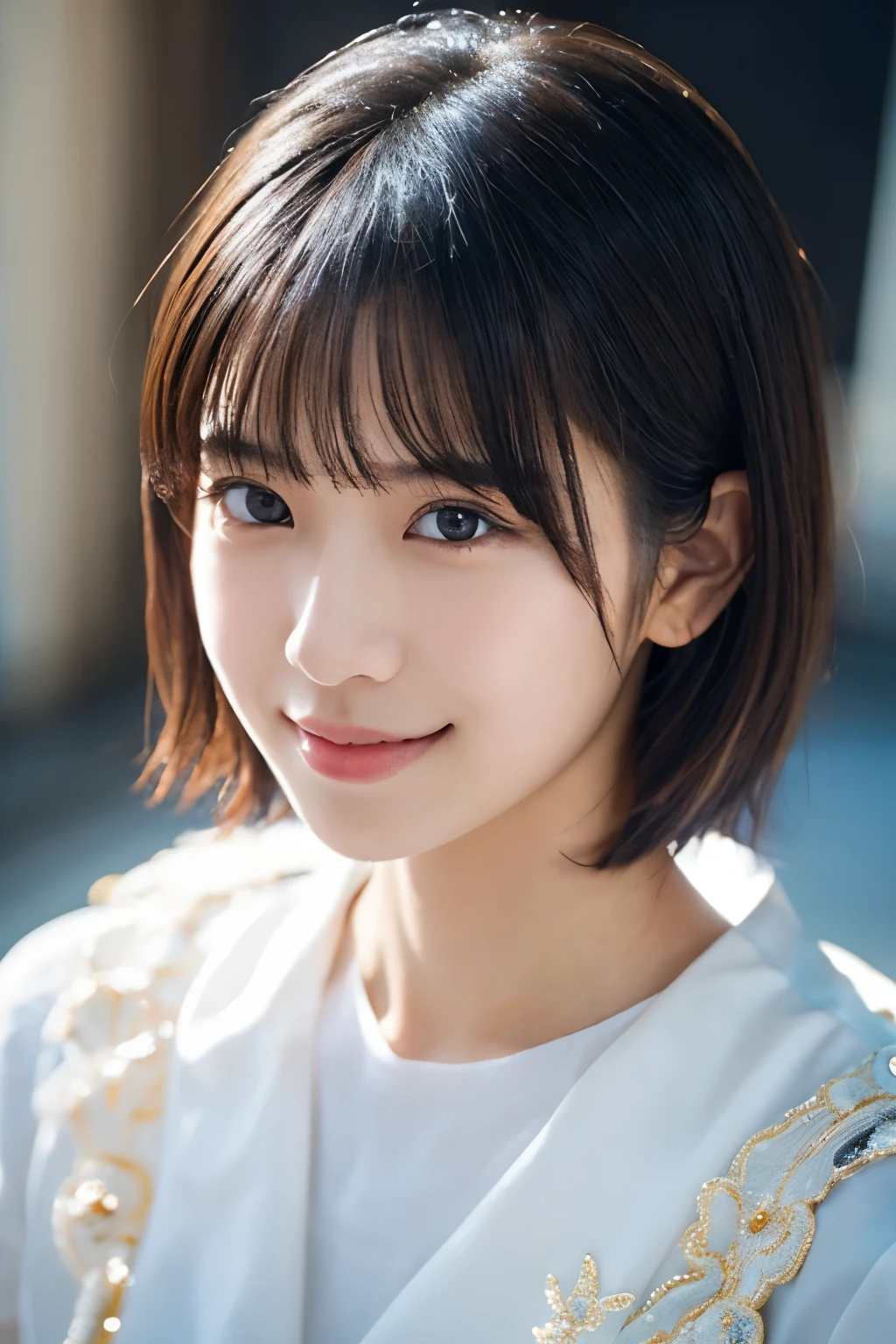 1 girl, (Wearing a white idol costume:1.2), Very beautiful Japanese idol portraits,
(Raw photo, highest quality), (realistic, Photoreal:1.4), (masterpiece),
very delicate and beautiful, very detailed, 2k wallpaper, wonderful, finely, very detailed CG Unity 8K 壁紙, Super detailed, High resolution, soft light,
beautiful detailed girl, very detailed目と顔, beautifully detailed nose, finelyて美しい目, cinematic lighting,
(Simple background in bright colors:1.3),
(short hair), (parted bangs),
complete anatomy, slender body, small breasts, smile
