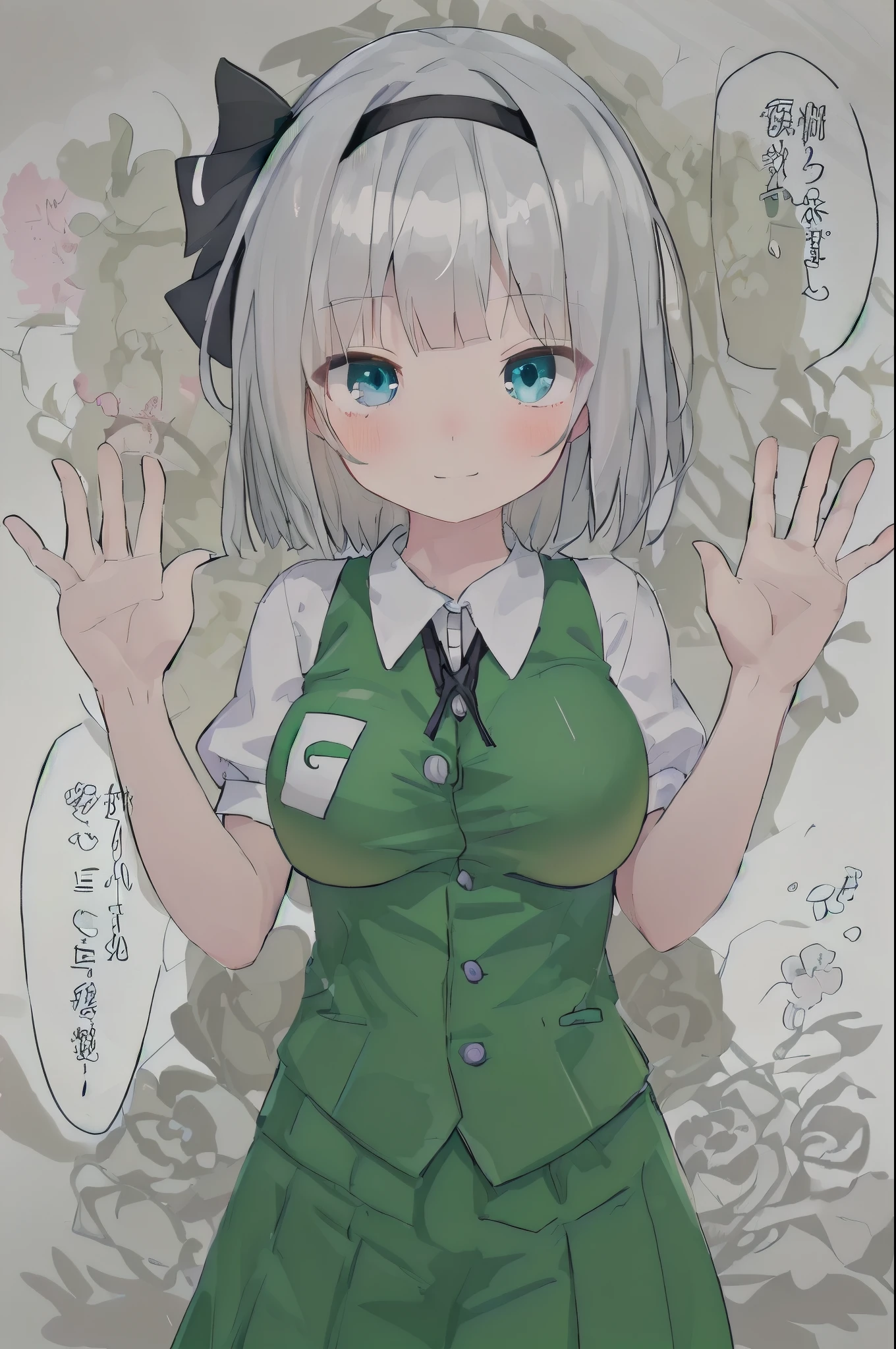 konpaku_youmu_touhou
short_hair, ribbon, hairband, black_hairband, hair_ribbon, black_ribbon, bangs, white_hair, vest, blue_eyes, green_vest, sword, katana, hitodama, bow, blush, black_bow, grey_hair,(masterpiece:1.0),(Highest_quality:1.0),detailed,highly detailed,ultra detailed,extremely detailed CG,super high resolution,4k,super detailed, photograph,high resolution,8K,HDR,Highly detailed CG Unity 8k wallpaper,super detailed skin,detailed beautiful eyes,detailed hands,detailed beautiful face,detailed beautiful face and eyes,very detailed background,perfect,lighting,colorful, bright_front_face_lighting,shiny skin,(highly detailed background),looking at the viewer,(Focus on her face),solo, upper body, looking at viewer, upper angle,perfect quality, good quality, masterpiece, HDR, UHD missionary position,masterpiece,best quality,detailed,highly detailed,ultra detailed,extremely detailed CG,high resolution,8K,super detailed skin,detailed beautiful eyes,detailed beautiful face,detailed beautiful face and eyes,very detailed background,highly detailed background,(((front view)))),((super big breasts)),looking at viewer,The girl&#39;s breasts aren&#39;t exposed at all., You can clearly see that she has very large breasts.,((kawaii)),
