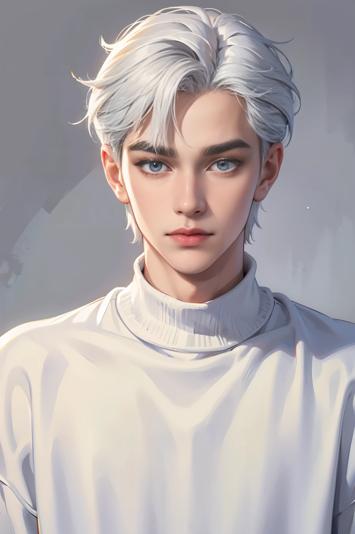  boy, white hair, gray eyes, sharp features, white skin, cute, sweater