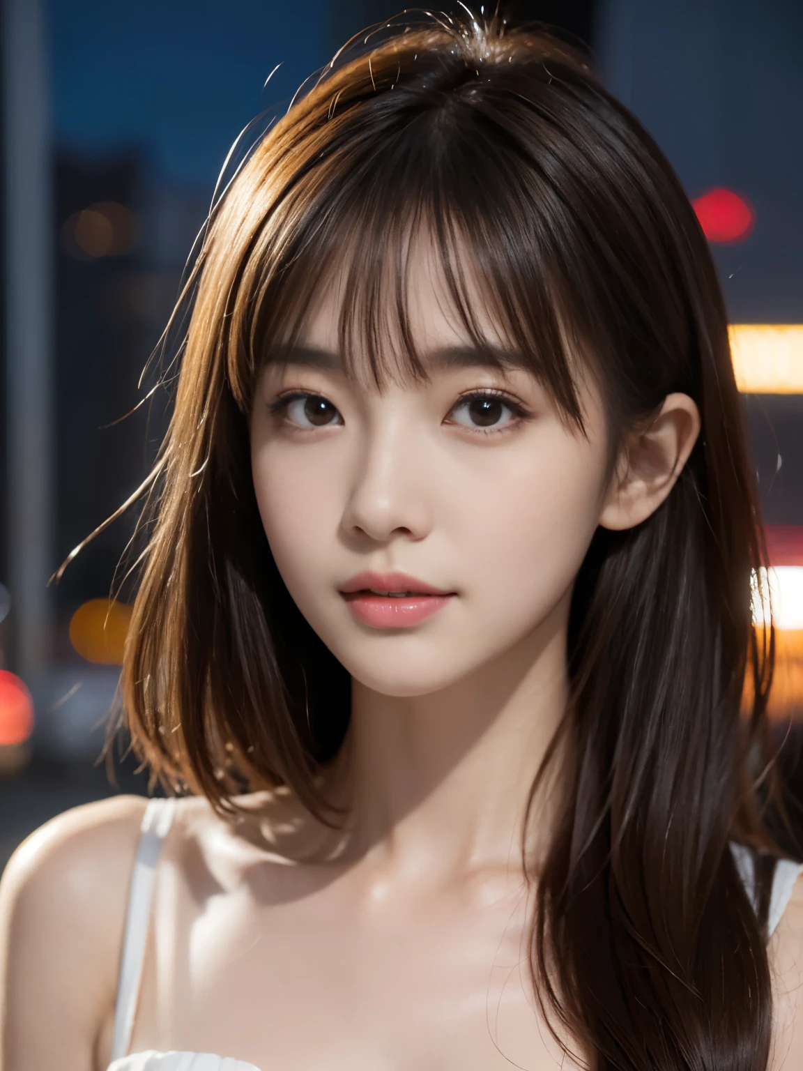 1 korean idol, (Raw photo, Best Quality), (Realistic, Photorealsitic:1.4), masutepiece, extremely delicate and beautiful, Extremely detailed, 8k wallpaper, amazing, finely detail, extremely detailed CG Unity, hight resolution, Soft light, Beautiful detailed 25 year old, extremely detailed eye and face, beautiful detailed nose, Beautiful detailed eyes,Cinematic lighting,city light at night,Slender,Smiling, (medium hair, hair messy, asymmetrical bangs, light brown hair)