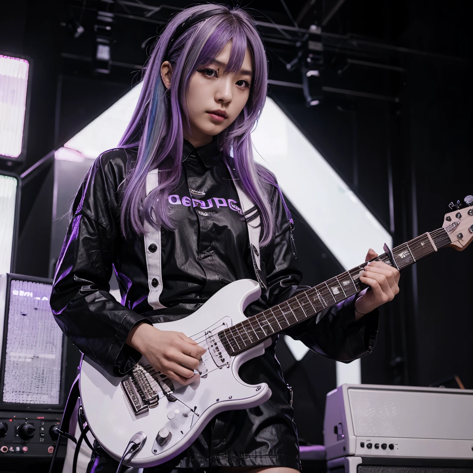 On a live stage, beautiful Japanese age band idols with big breasts and silver hair, wearing underwear, spread their legs wide and play the guitar.、Punk Fashion、Black leather jacket with studs