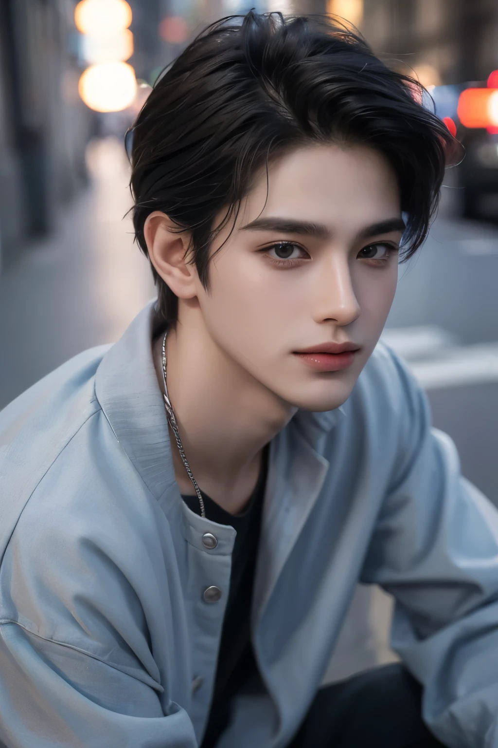 ((highest quality, 8K, masterpiece: 1.3)), New York City、Handsome boy in street fashion:1.5, 20-year-old、Delinquent boy、 well-groomed face, black hair color、thin face、(white skin:1.5)、whole body、black eyes、boy with makeup、Super handsome、sexy eyes、Extra-fine face, handsome nose, small eyes and face, beautiful lighting, High resolution, detailed mouth, smile, whole body: 1.5, perfect body shape、super slim,medium hair、STUSSY clothes、silver accessories、Oversized clothes、