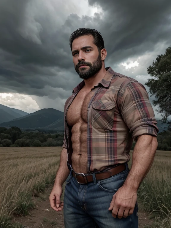 obra maestra, Mejor calidad, high resolution, Retrato de primer plano, (1 chico:1.4) A man in a lumberjack suit, muscular, (con camisa: 1.2) enfoque masculino, enfocarse solo, piel bronceada, 38-year-old man dressed as a lumberjack., muscular, fuerte, peludo, Masculino, (descamisado: 1.2), al fondo una granja, en una tormenta, amazing composition, Vista frontal, HDR, volumetric lighting, (plano general, desde el frente:1.2) (GS-Macho :1.5) (magnificent landscape:1.2)