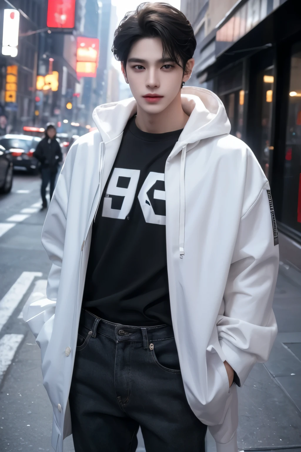 ((highest quality, 8K, masterpiece: 1.3)), New York City、Handsome boy in street fashion:1.5, 20-year-old、Delinquent boy、 well-groomed face, black hair color、thin face、（white skin:1.5）、whole body、black eyes、Korean boy with make-up、Hyunjin、Super handsome、sexy eyes、Extra-fine face, handsome nose, small eyes and face, beautiful lighting, High resolution, detailed mouth, smile, whole body: 1.5, perfect body shape、super slim，medium hair、STUSSY clothes、silver accessories、Oversized clothes、