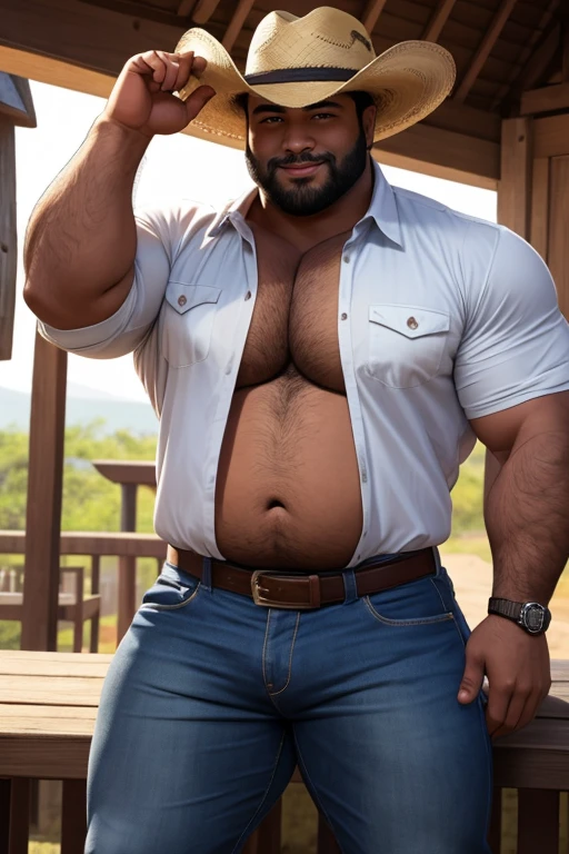 homem alto e bear com uma barba grossa e viril, with a striking appearance. Teria cabelos escuros e bem arrumados, a beautiful smile that expresses confidence and charm. Meu olhar seria intenso, penetrante, capaz de despertar desejos profundos, peito seria largo e peludo, that exude masculinity and strength, big arms, barriga levemente chubby e peluda, pele marrom bronzeada, oil skin, cowboy clothes, jeans clothes, cowboy light hat, olhos meio puxados, maos grandes, big ass, (big and large legs), belly chubby, chubby, camisa de botoes aberta no peito, ((big and large ass)), ((bust zoom view selfie)), (((MUCH MORE ZOOM)))