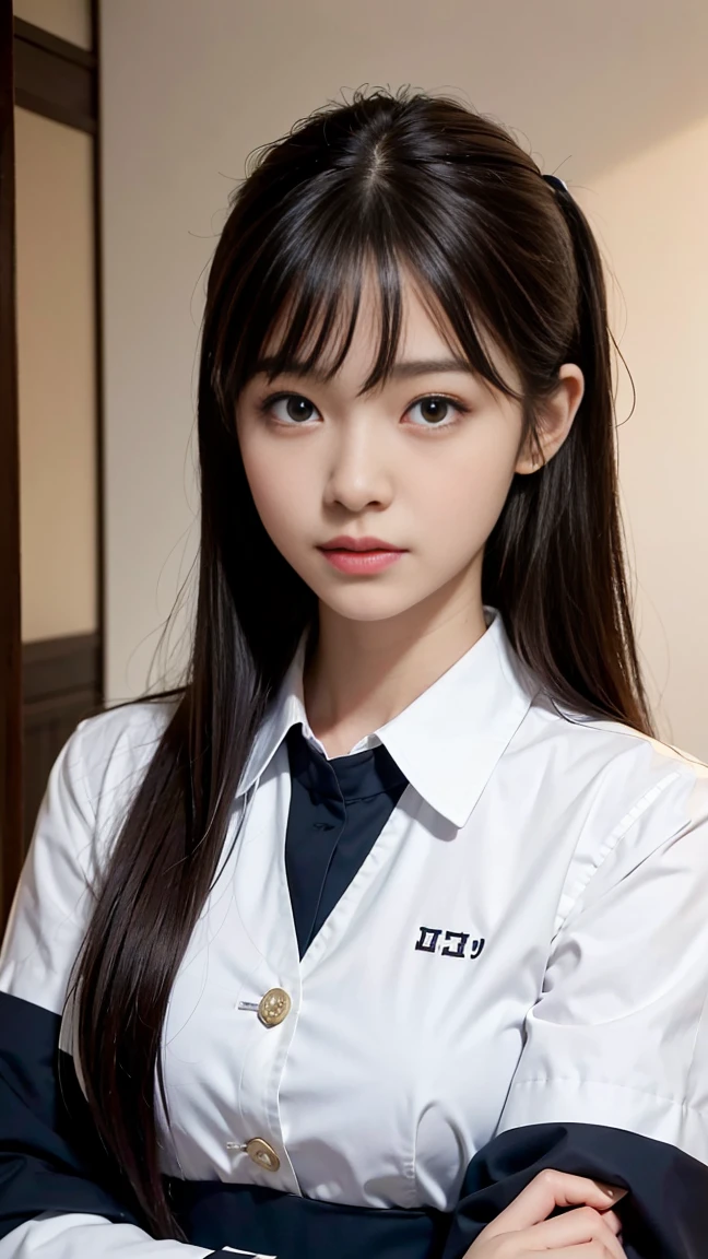 shake her hand、thin脚、ponytail、extraordinary beauty、cute face、best smile、cute smile、frontage、thin、straight hair、School、Ulchan-6500-v1.1, (Raw photo:1.2), (Photoreal:1.4),　beautiful detailed girl, very detailed目と顔, beautiful and fine eyes,  huge file size,  High resolution, very detailed, highest quality, masterpiece,  ((Japanese girls&#39; high school uniform:1.5)),  very detailed, cg,  8k wallpaper, grow, finely,  highest quality, Hvery detailed cg uniforms、 light shines on your face、movie lighting、18 year old girl、