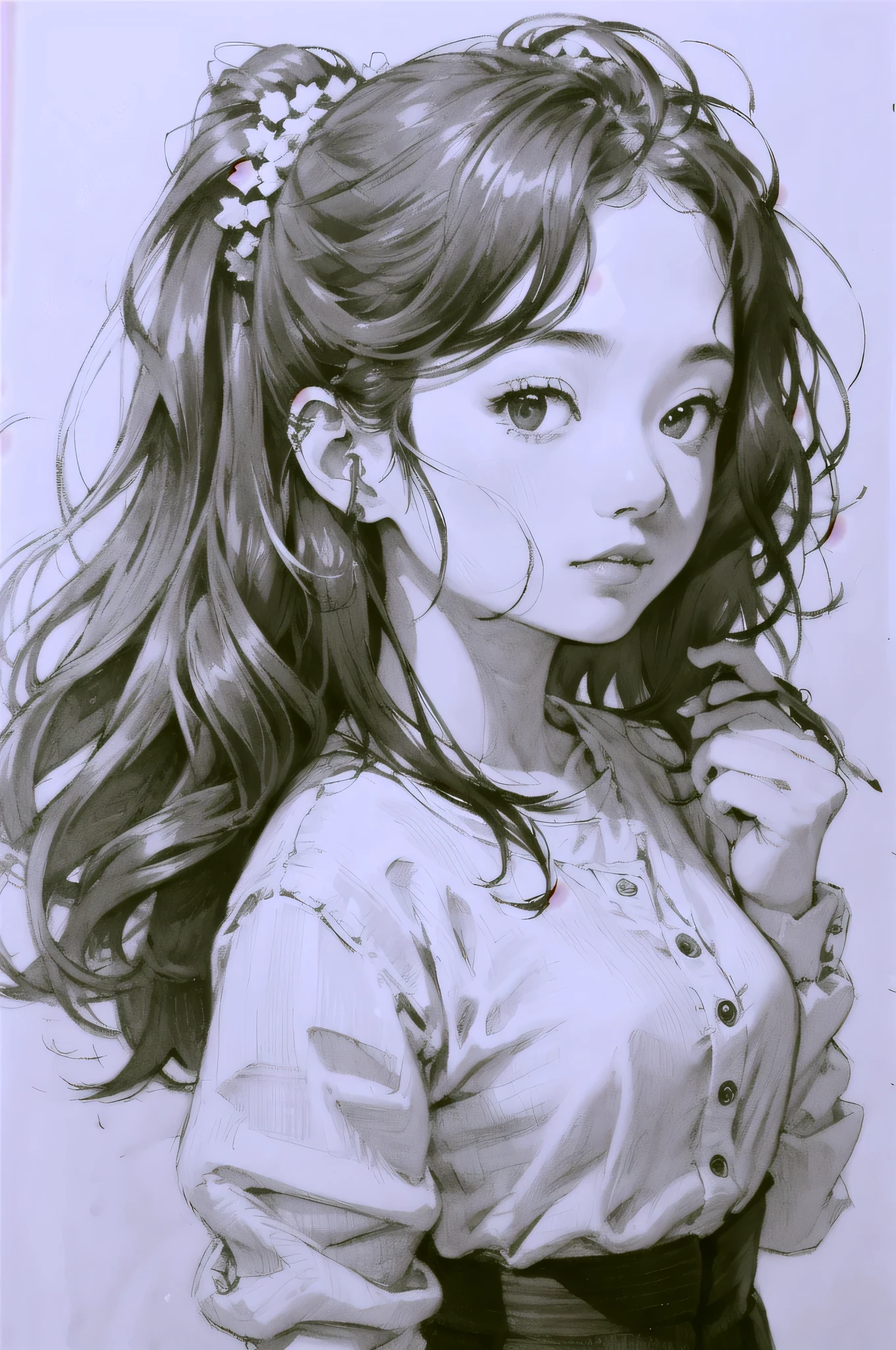 sketch art, line drawing drawing, line drawing, black line drawing, black line, black color, black lines, line drawing, sketch drawing, 1 girl, 20 years,  (Upper body:1.3), white background , grayscale, black and white、painting、monochrome,(sketch:1.4), clear lines(line drawing:1.2), (pencil drawing:1.4),  graphite \(Moderate\),traditional media, official art  , Tydorlarny, white shirt, pencil skirt,