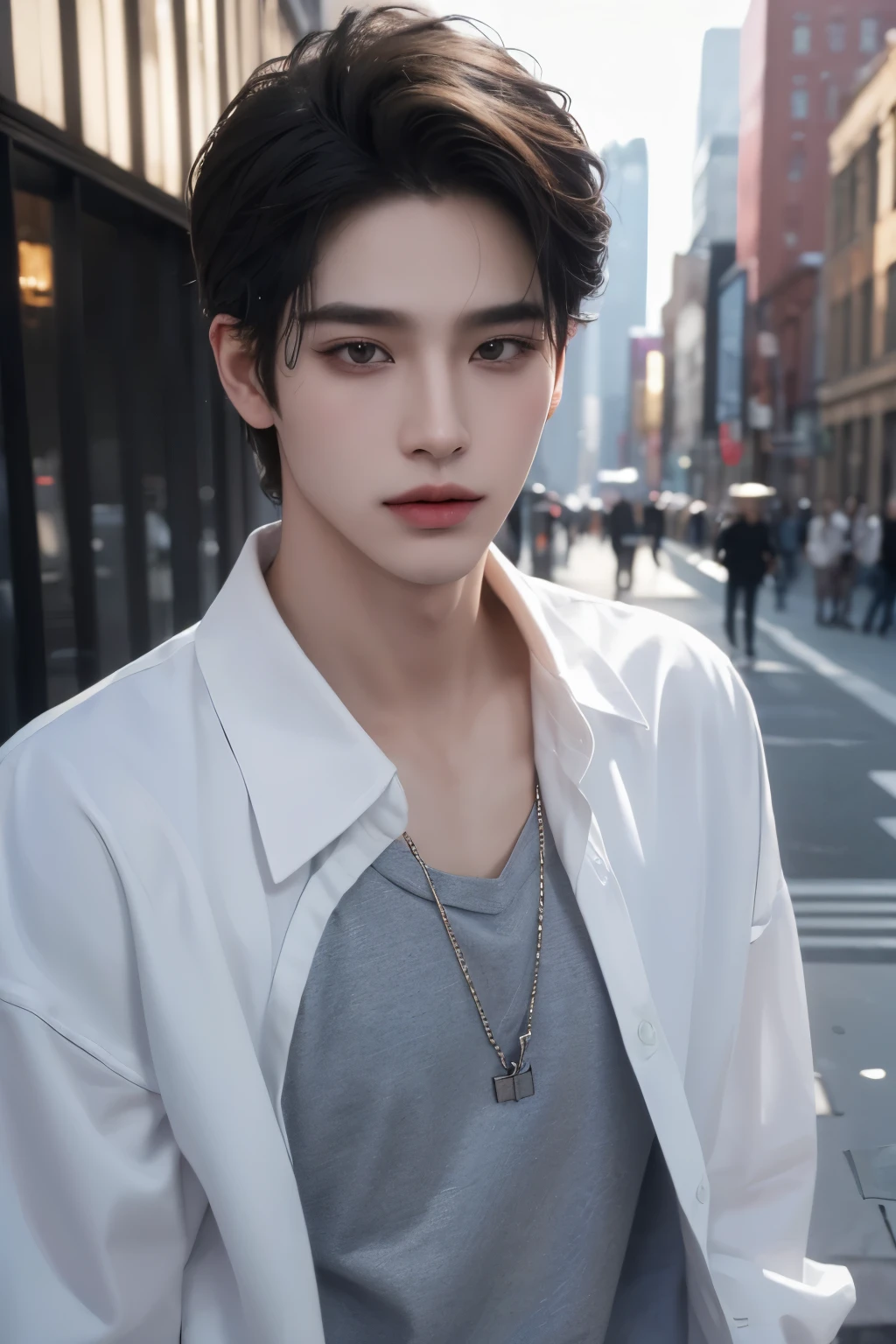 ((highest quality, 8K, masterpiece: 1.3)), New York City、Handsome boy in street fashion:1.5, 20-year-old、Delinquent boy、 well-groomed face, black hair color、thin face、(white skin:1.5)、whole body、black eyes、Korean boy with make-up、Hyunjin、Super handsome、sexy eyes、Looking down、Extra-fine face, handsome nose, small eyes and face, beautiful lighting, High resolution, detailed mouth, smile, whole body: 1.5, perfect body shape、super slim,medium hair、STUSSY clothes、silver accessories、Oversized clothes、